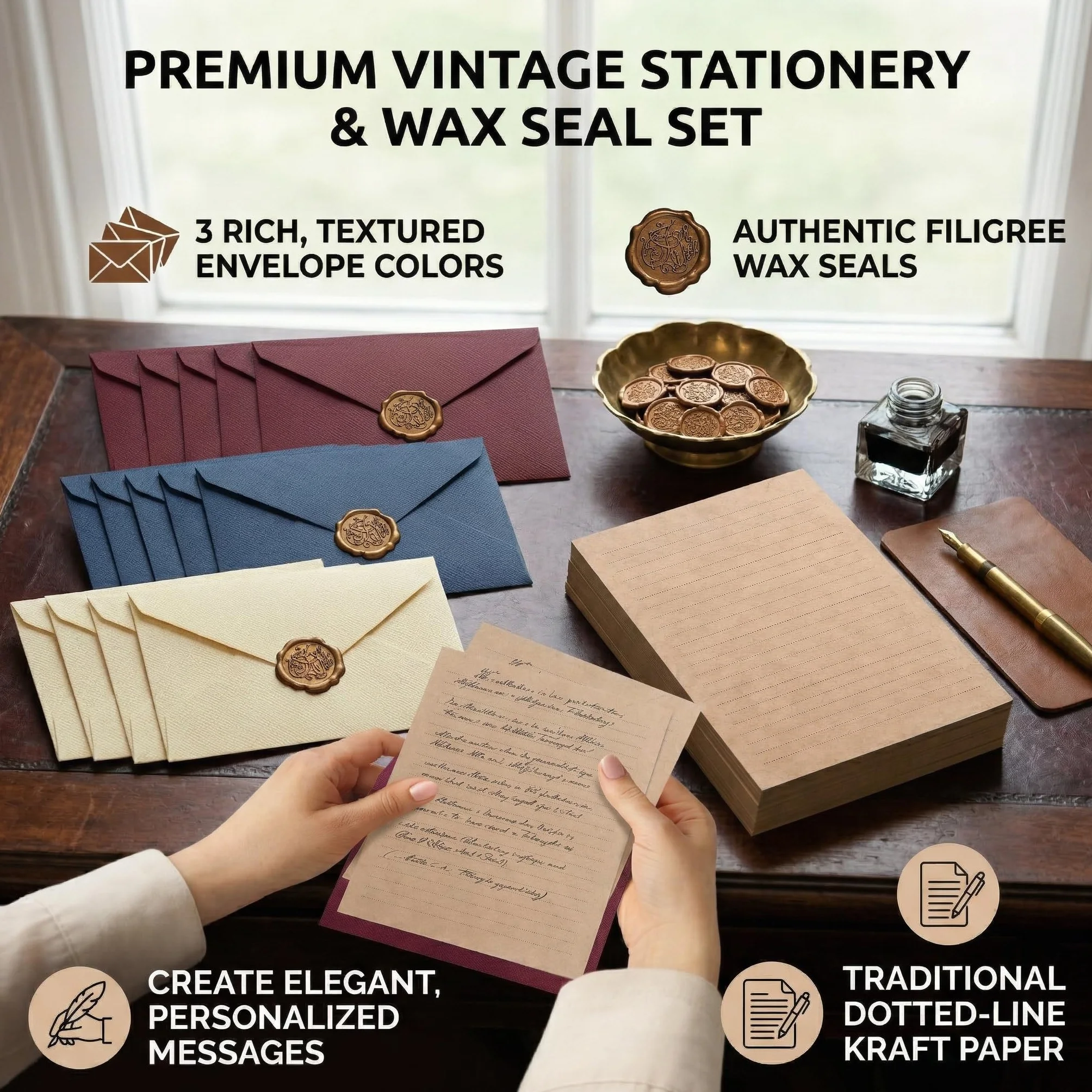 Vintage Papeteria 50 sztuk - Koperty lniane 15 sztuk, papier listowy A5, 20 sztuk, naklejki 15 sztuk - zestaw na kartki z życzeniami i zaproszeniami retro