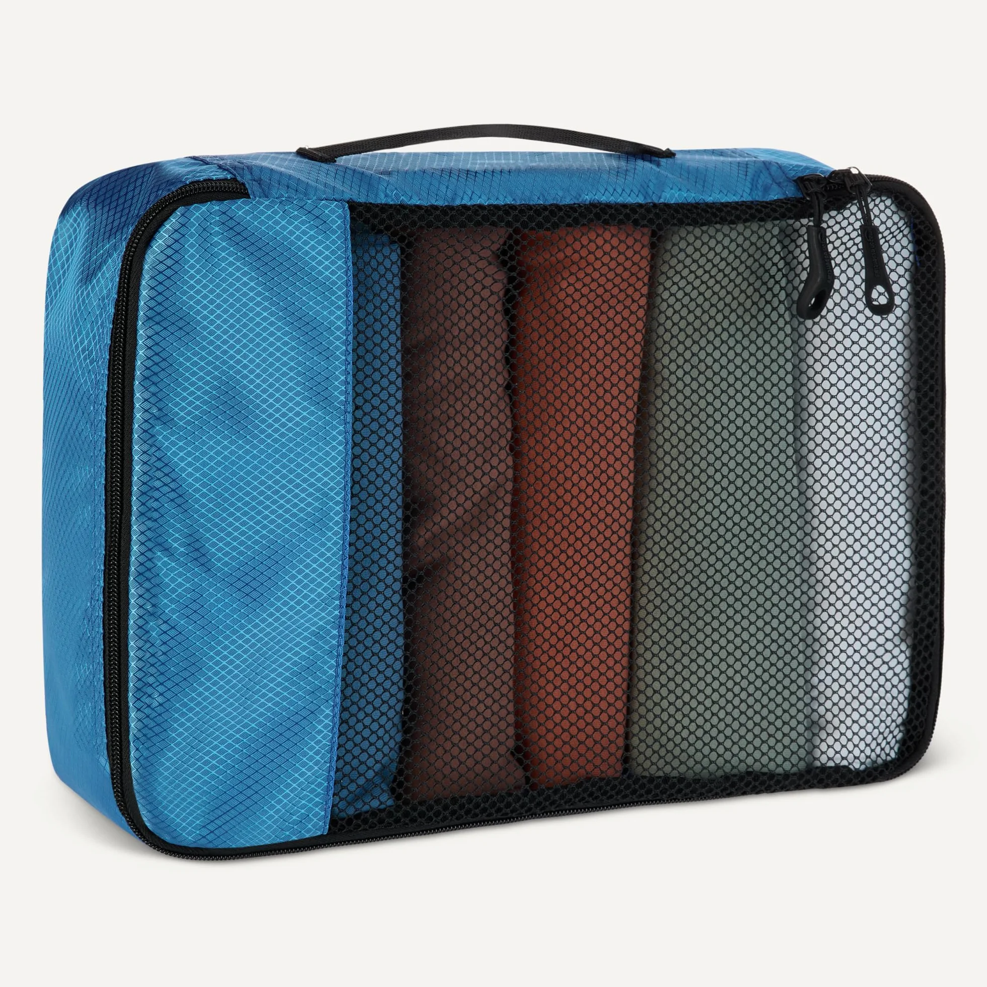 Amazon Essentials 4 Cz. Zestaw Akcesoriów Podróżnych do Pakowania, Organizer na Bagaż z Podwójnym Zamkiem, Klapa Górna z Siatki, 100% Poliester, Mały/Śr./Duży/Slim, Błękitny (Wcześniej Amazon Basics)