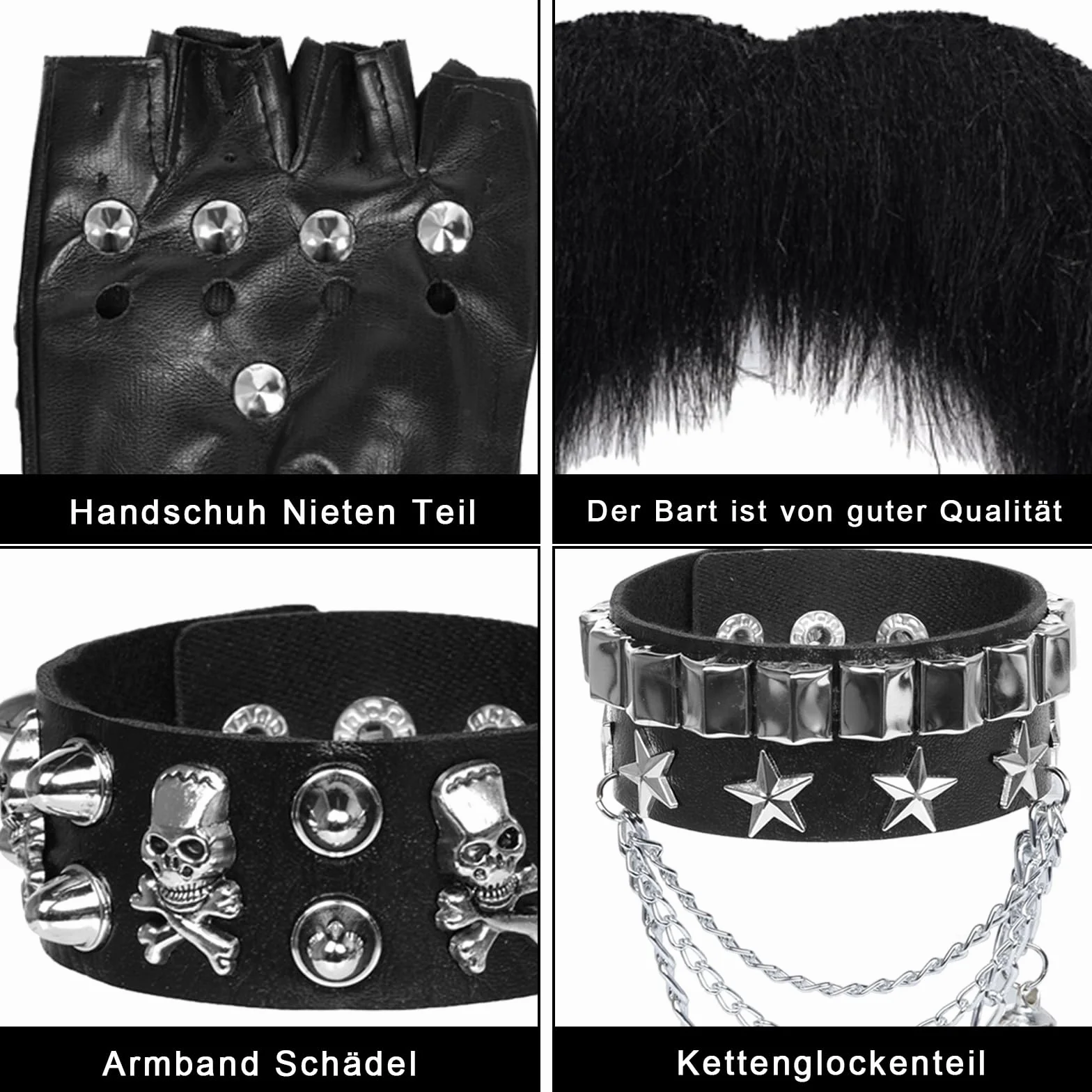 6-częściowy zestaw akcesoriów punkowych, punkowa bransoletka z nitami, skóra, czarne rękawiczki, regulowana obroża i broda, czarny, gotycki strój, zestaw na karnawał