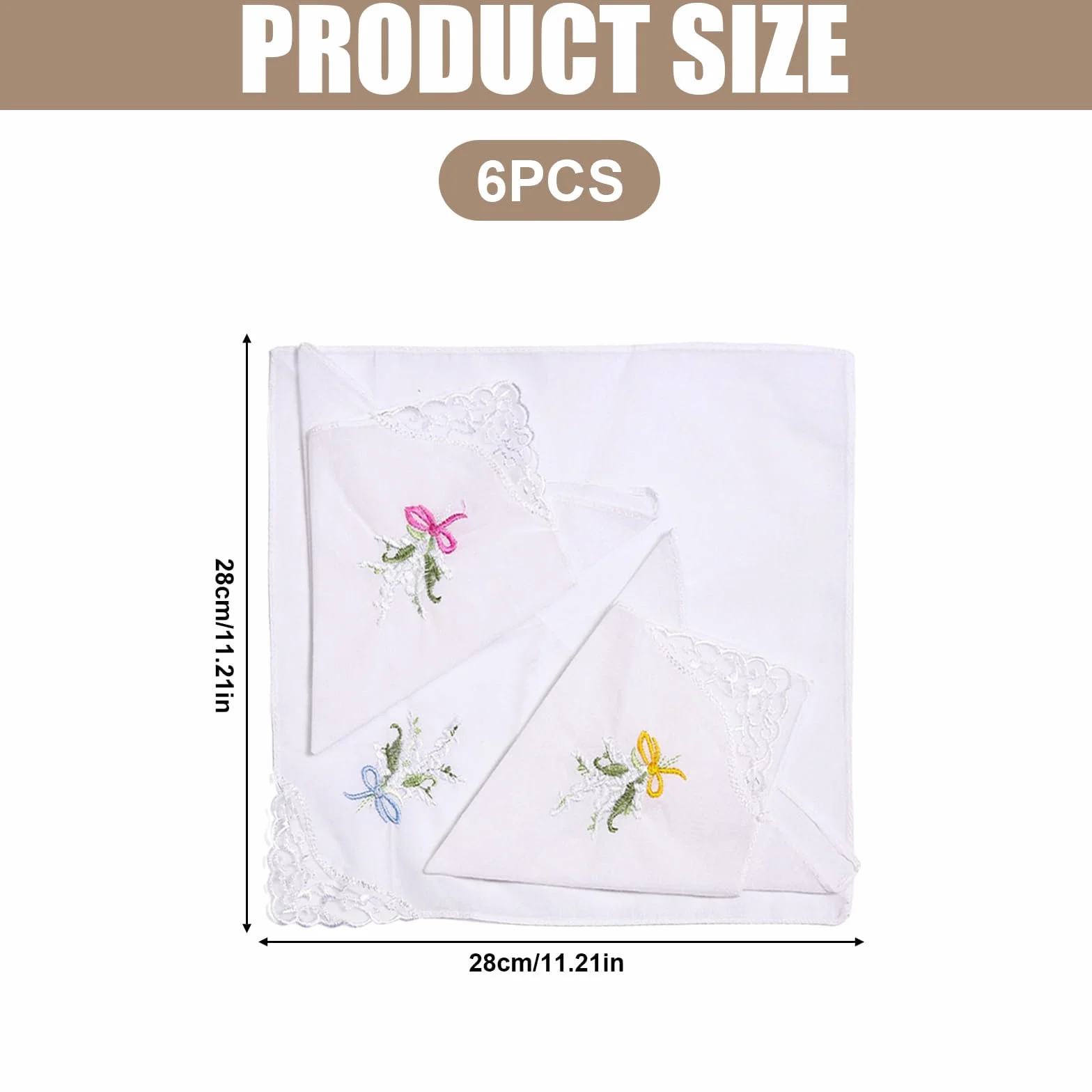 6 sztuk bawełnianych chusteczek do włosów, chusteczek z delikatnym orientalnym wzorem, haftowana chusteczka z motylami, chusteczki ze 100% bawełny (28 cm x 28 cm), Kolor biały, 28 x 28 cm/11 x