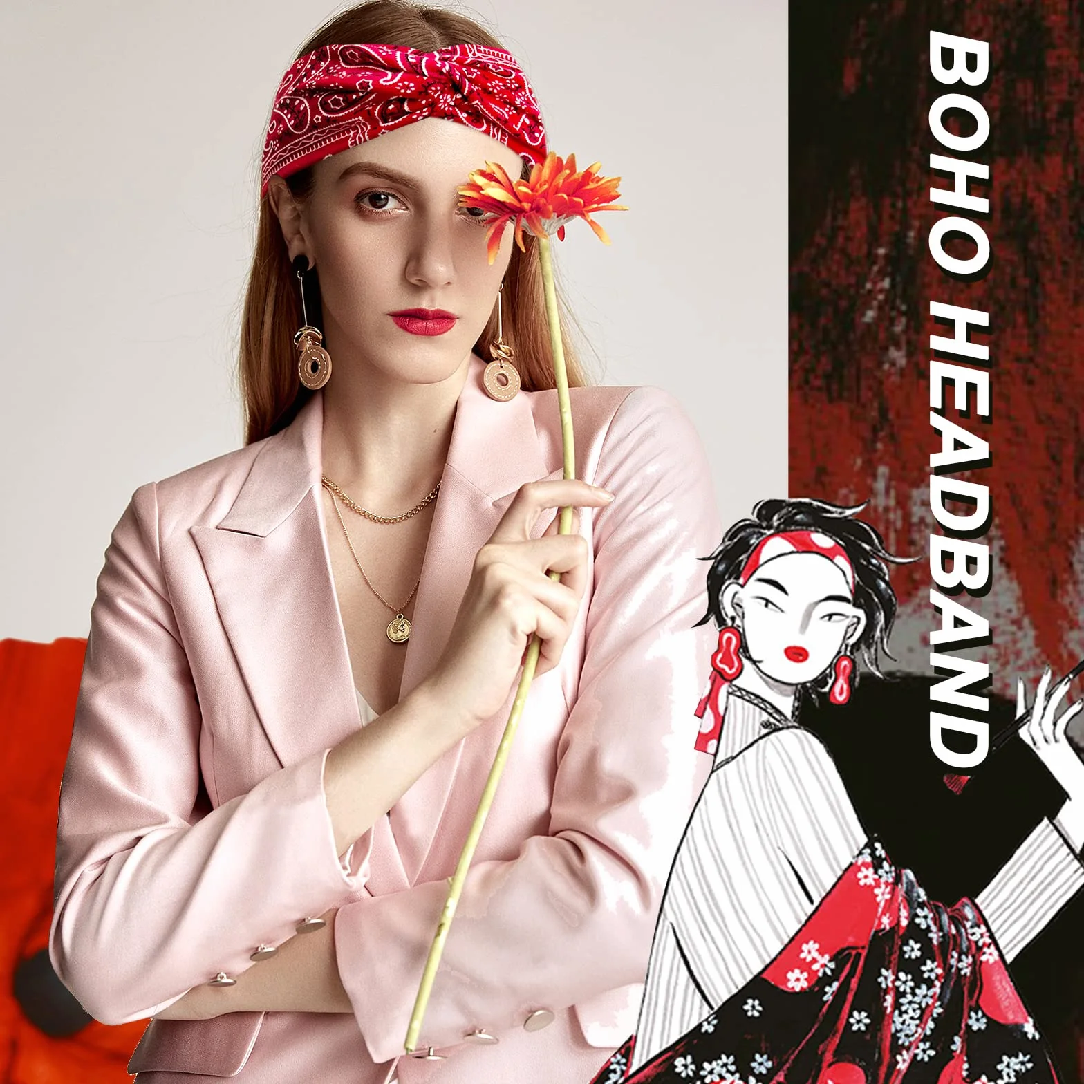 KAVYA Damska opaska na włosy na lato, elastyczna, damska na czoło, w stylu boho, szeroka, wielokolorowa, wzór do jogi, ozdoba