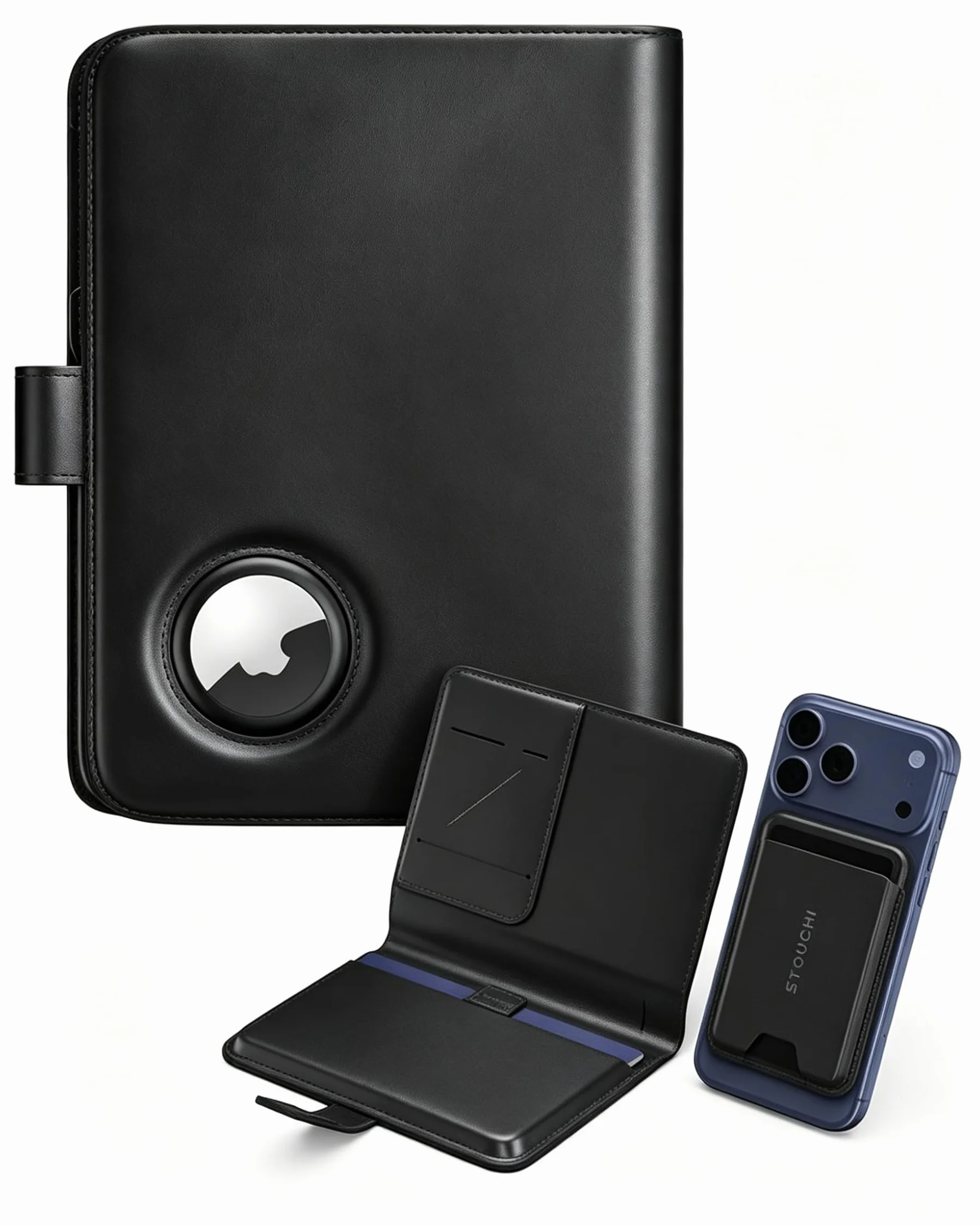 Stouchi Etui na paszport Airtag, portfel podróżny z prawdziwej skóry AirTag RFID z odpinanym etui na karty magnetyczne i paskiem do szybkiego wyciągania, wąska osłona na paszport pasuje do paszportu