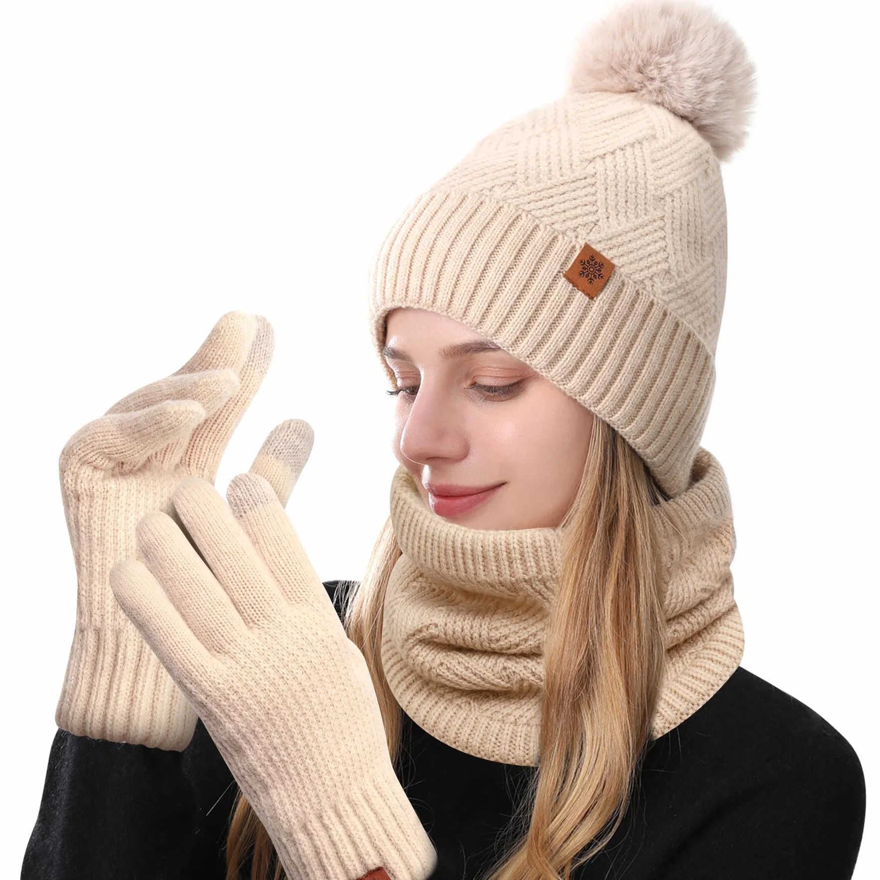 Zestaw zimowy 3 w 1 beanie, Damska zimowa czapka beanie, szalik, rękawiczki do ekranów dotykowych, czapka zimowa, rękawiczki zimowe, szal