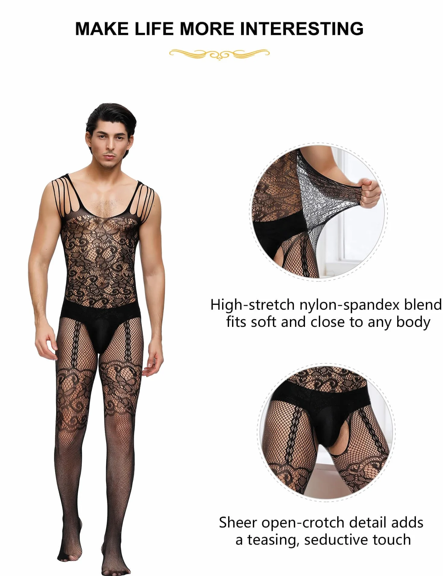 ohyeahlady Bodystocking Męska Bielizna Męska Fishnet Bielizna Męska Trykot Kombinezon Siatkowy Kombinezon Pończochy Elastyczna Bielizna