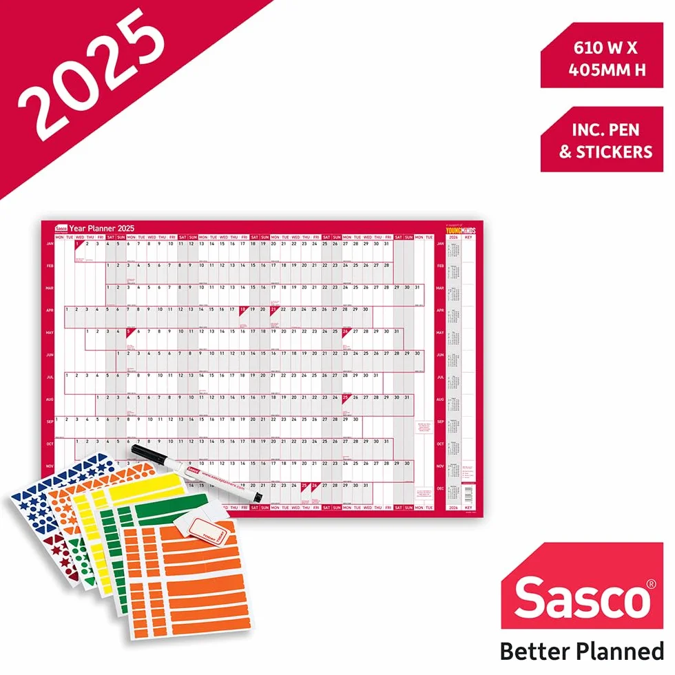 Sasco 2410244 kompaktowy roczny planer ścienny, papierowy mini tablica plakatowa, kalendarz suchościeralny, mały planer ścienny z długopisem i naklejkami, wykres ścienny, niebieski, 610 x 405 mm,