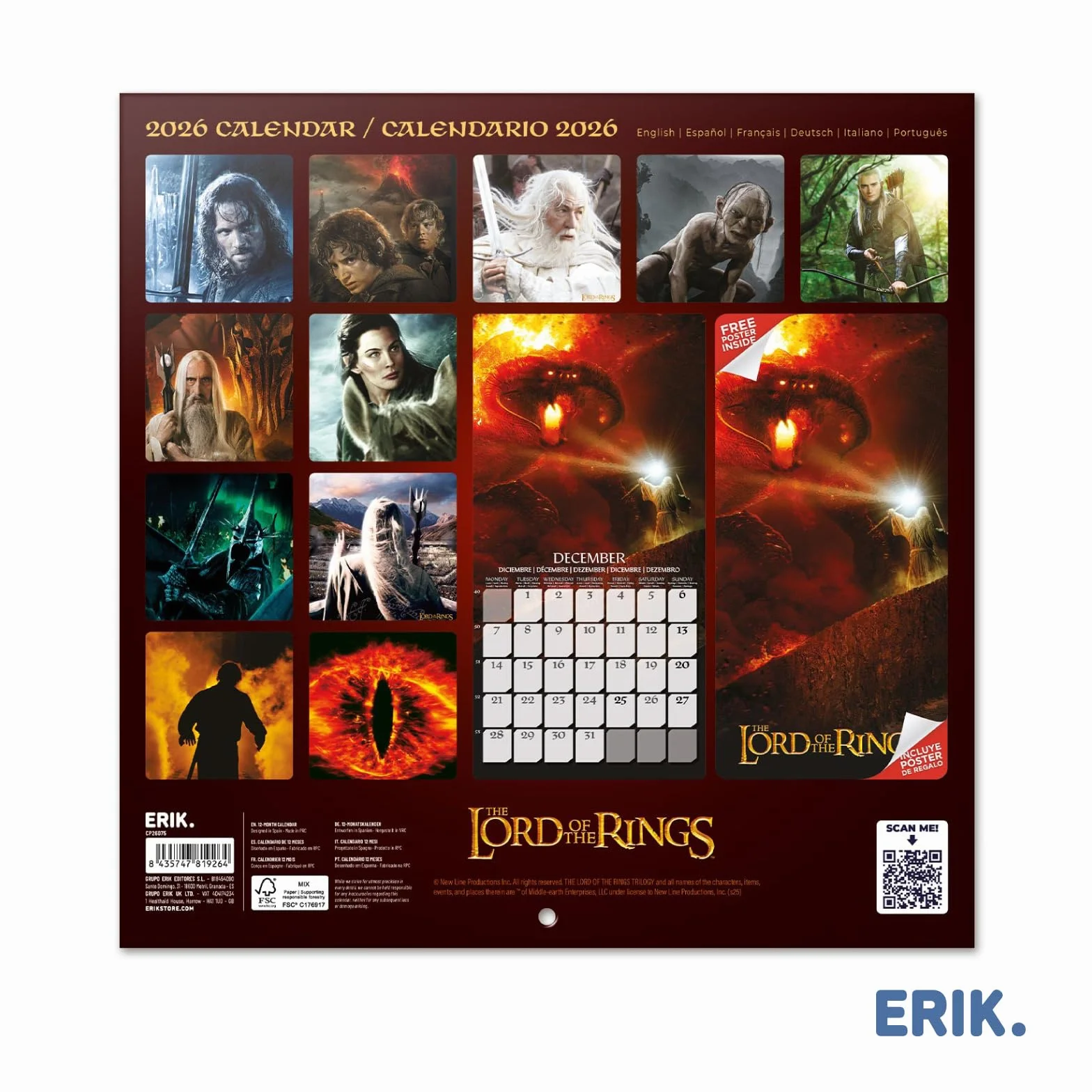 Grupo Erik Wall Calendar 2026 - The Lord of the Rings Calendar 2026 | Square 30 x 30 cm - 12 x 12 in Wall Planner, Family Planner Month To View | The Lord of the Rings Gifts, LOTR Gifts For Friends