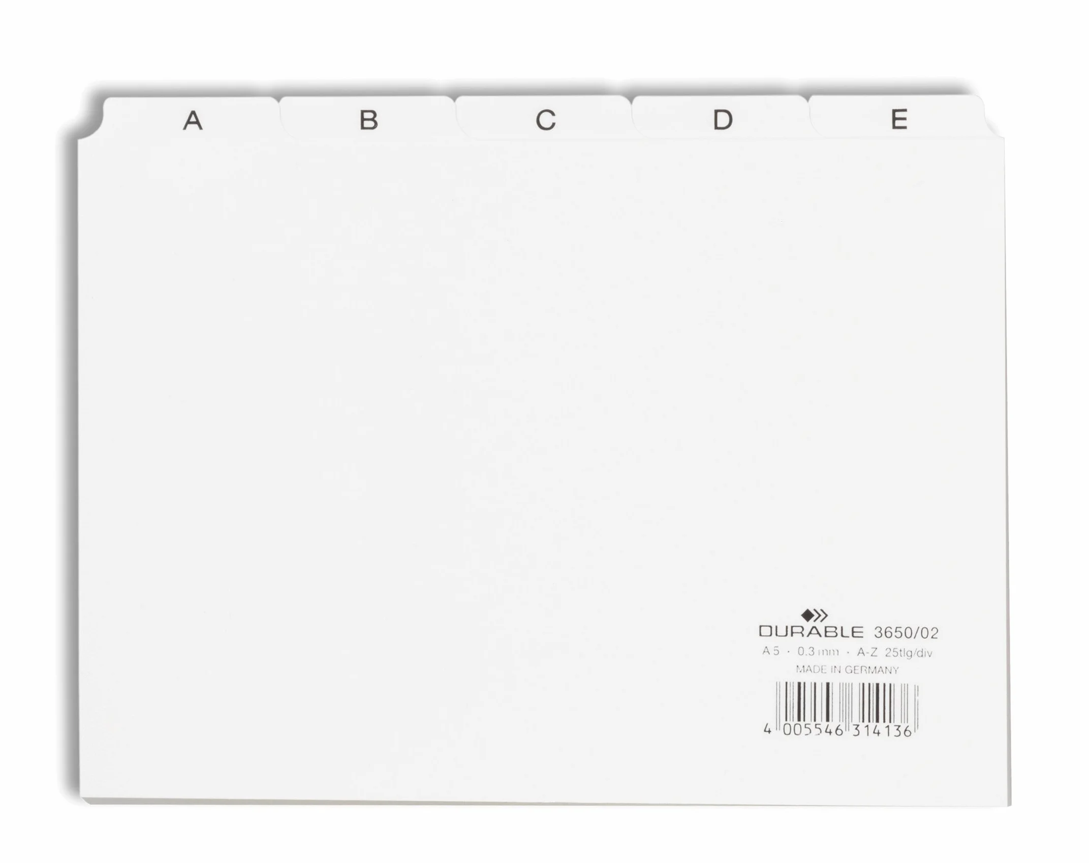 Durable 365002 Przekładki A - Z, poziome (A5), kolor biały.