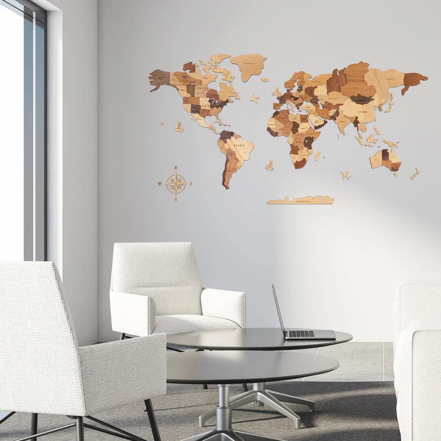 Creawoo Dekoracja Ścienna Mapa Świata 3D, Wielowarstwowa Mapa Drewna, Mapa Domu, Biura, Wielokolorowa, Kreatywny Prezent, 150 x 85 cm
