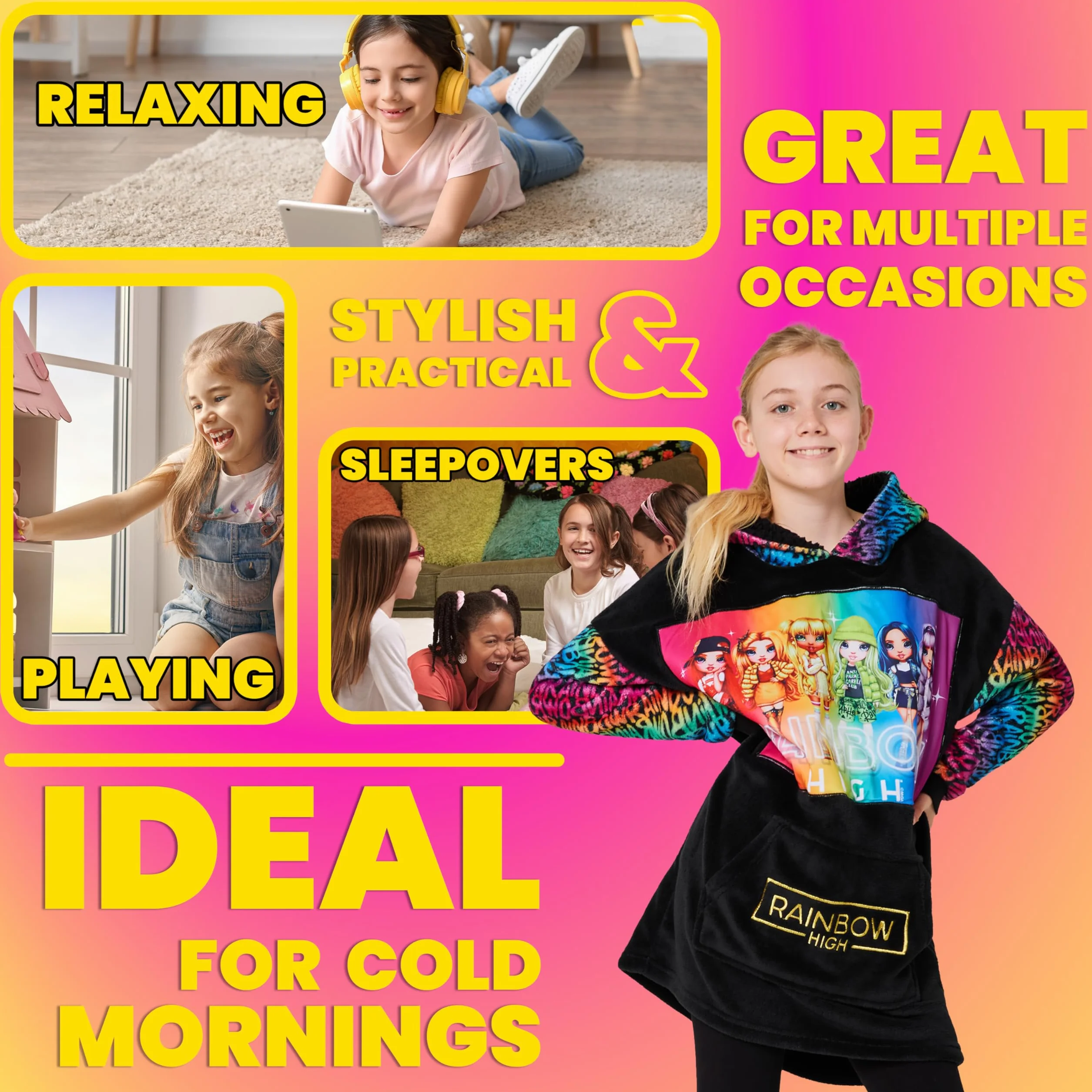 Rainbow High Fleece Hoodie Blanket dla dziewczynek Nastolatki Jeden rozmiar Dziecięca bluza z kapturem z podszewką Sherpa Prezenty dla dziewczynek
