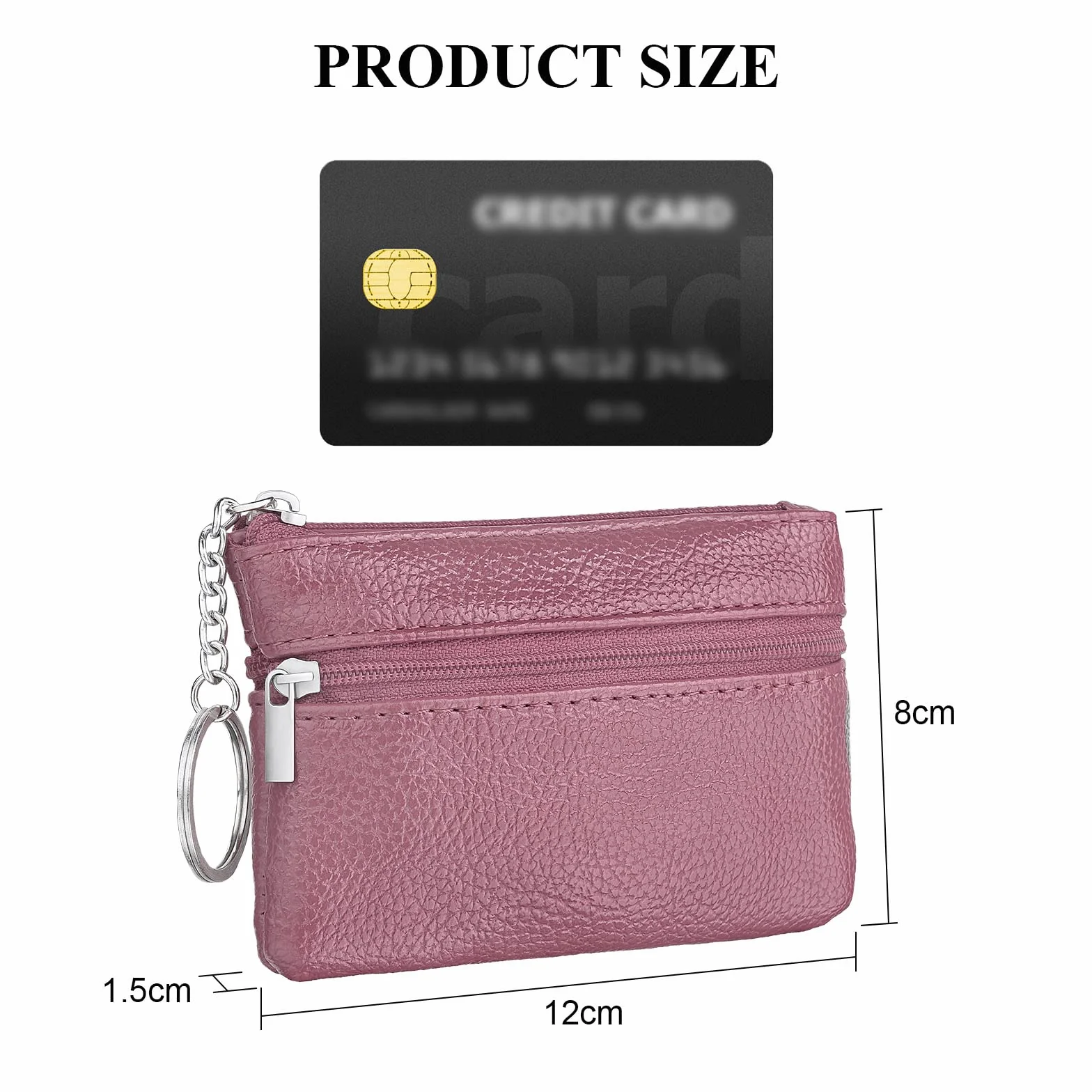 Aucuu Skórzany portfel na zamek błyskawiczny, etui na karty i klucze, damski, mini, z 3 przegródkami i brelokiem, 12 x 8 cm, Różowy, 12x8cm, Pink