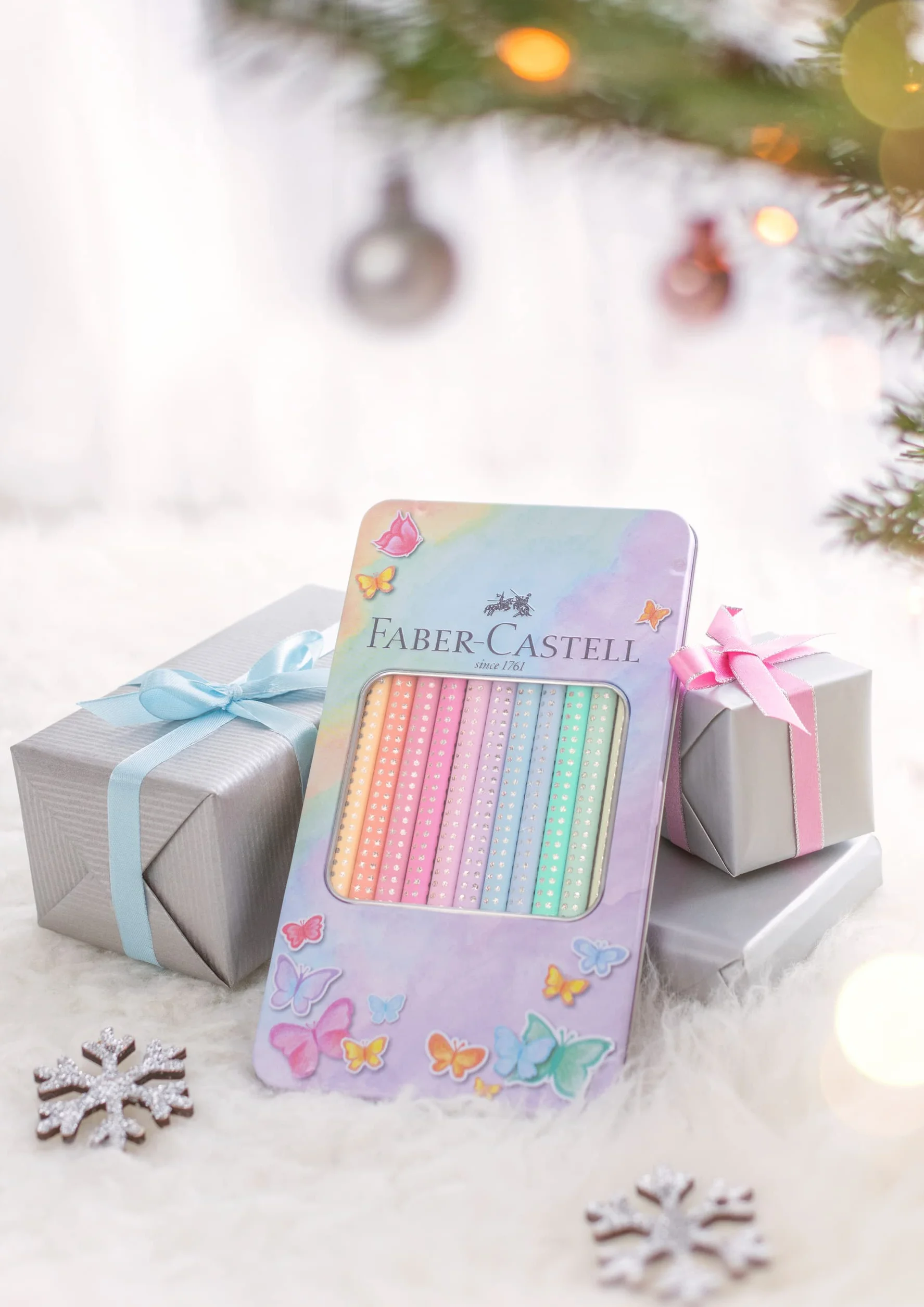 FABER-CASTELL 201910 – zestaw kredek Sparkle Pastel, 12 sztuk, w metalowym etui, trójkątne, odporne na złamania