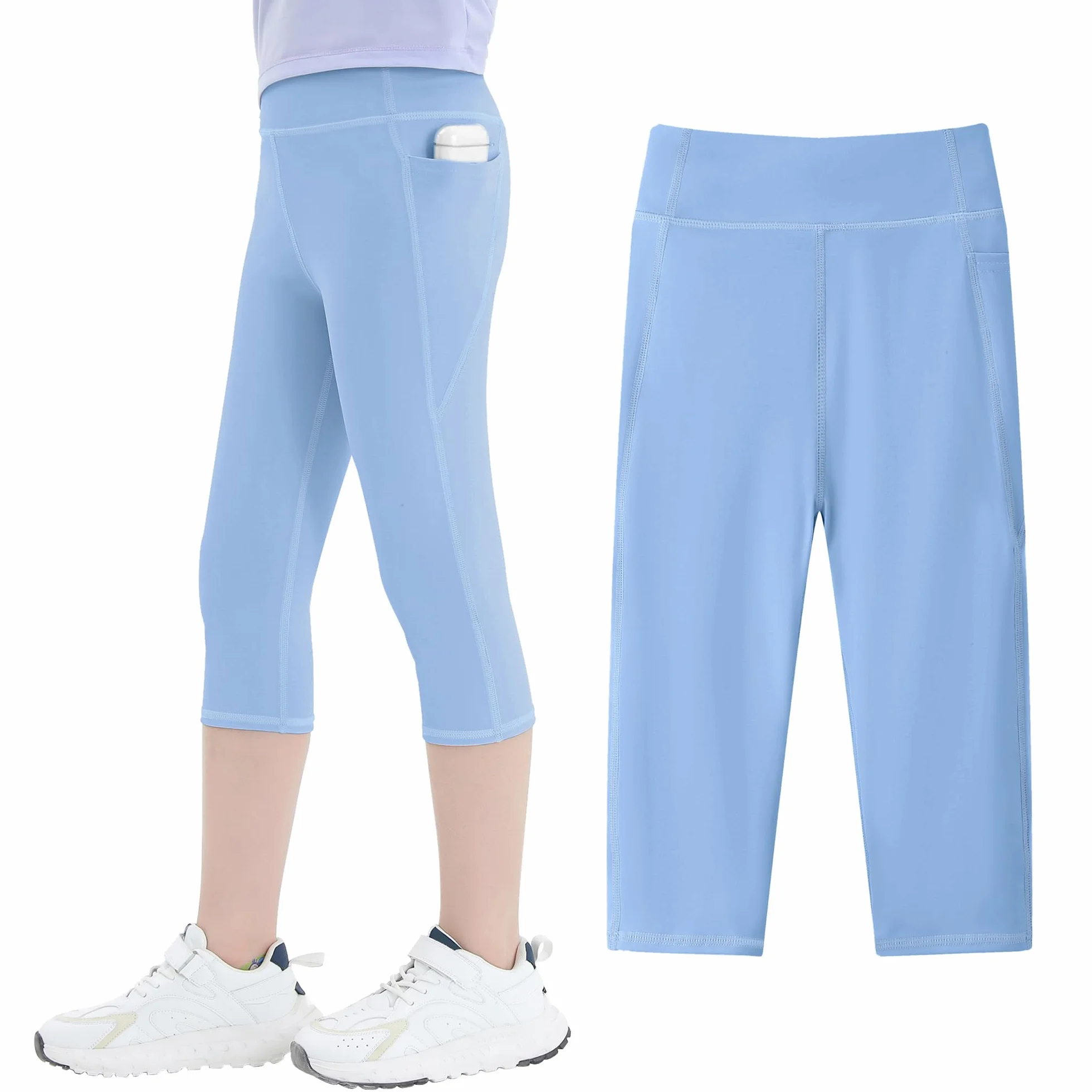 JinBei Legginsy sportowe dla dziewcząt, Capri 3/4, spodnie sportowe z kieszeniami, wysoka talia, legginsy do jogi, spodnie treningowe, długość do kolan, spodnie do biegania, elastyczne, jednokolorowe