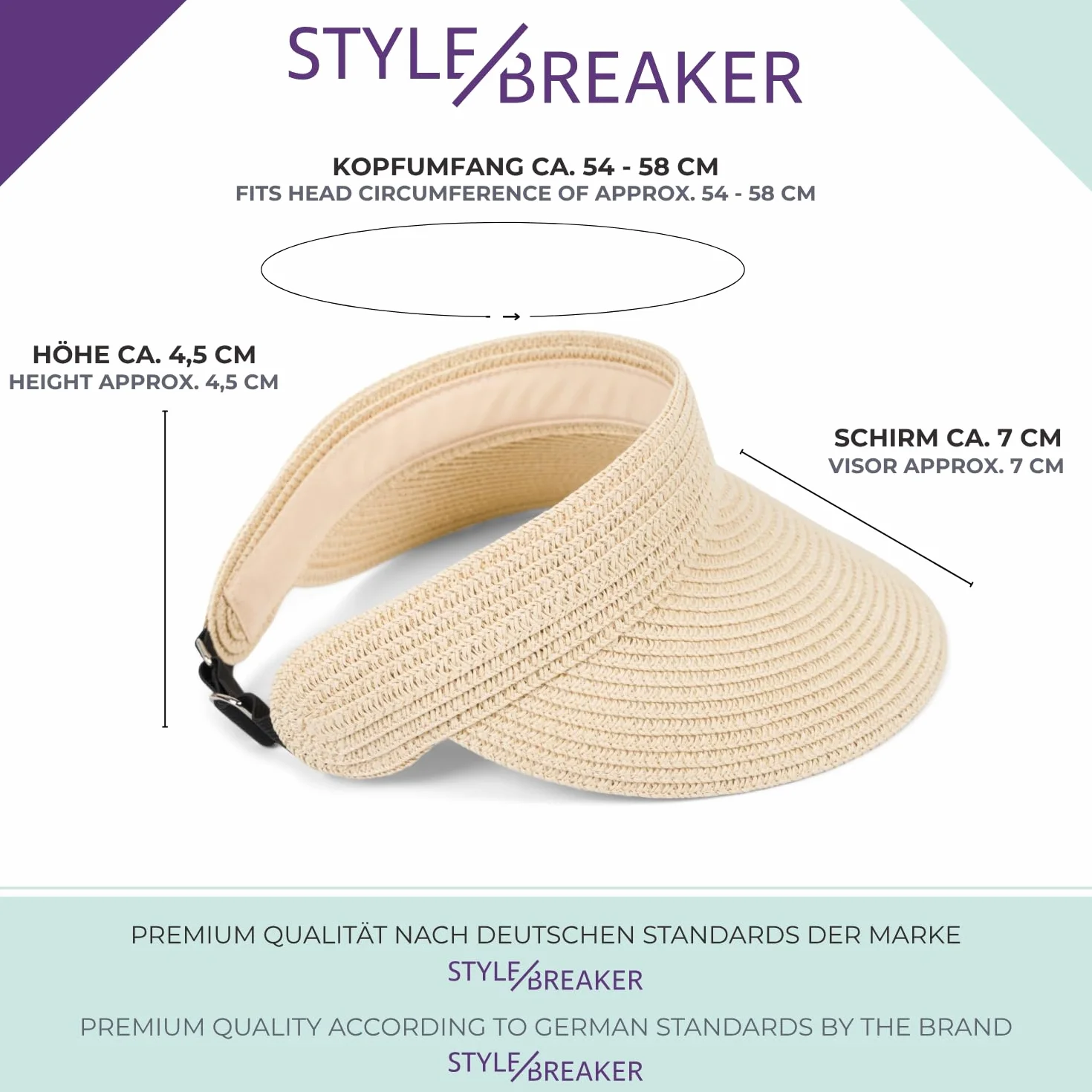styleBREAKER Damska czapka z daszkiem ze słomką, jednokolorowa, daszek przeciwsłoneczny, czapka przeciwsłoneczna, uniwersalna regulacja 04023097