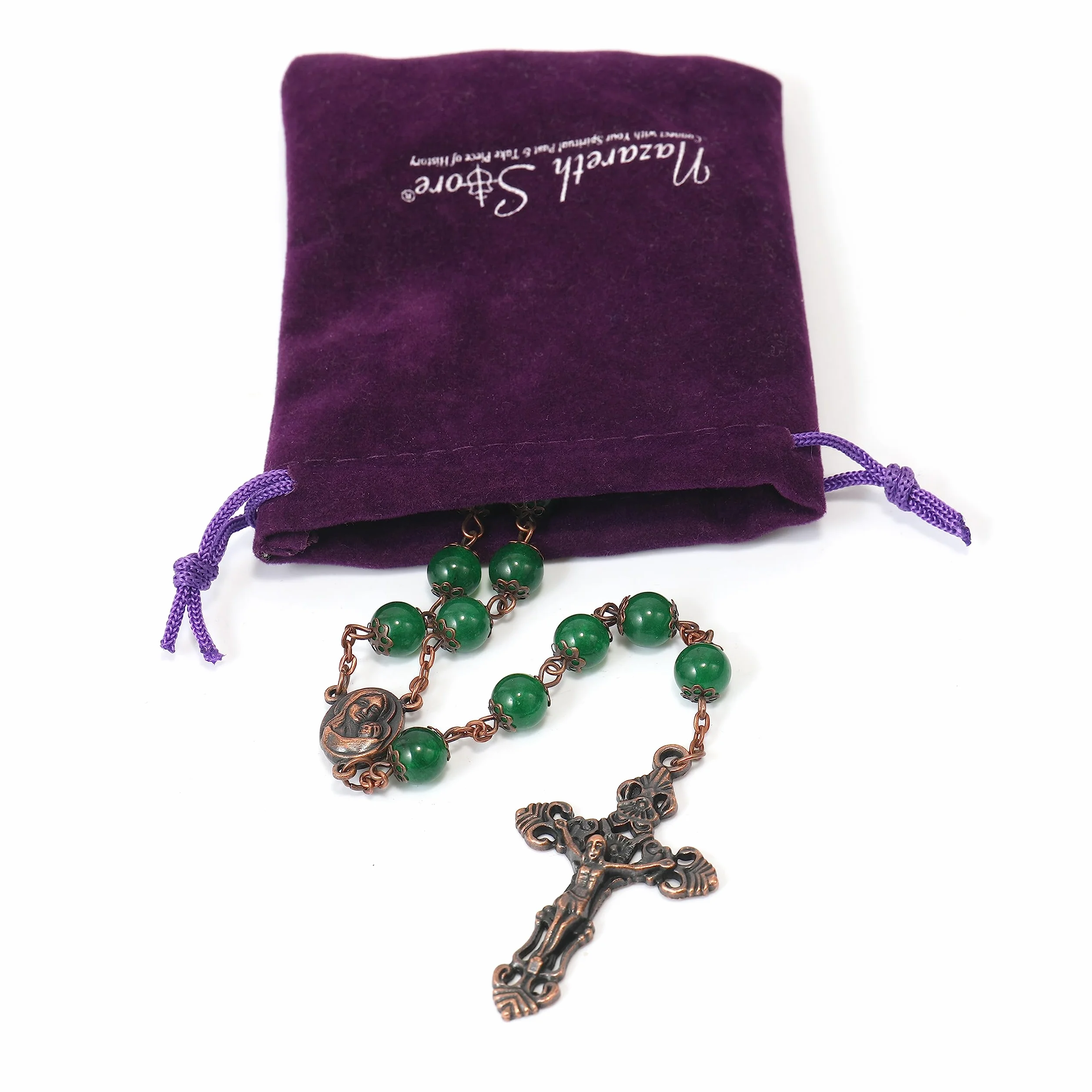 Vintage Design różaniec koraliki z kamienia naturalnego 8mm naszyjnik medal świętej ziemi i krzyż krucyfiks różańce religijne kolekcja Terra Santa Jerusalem