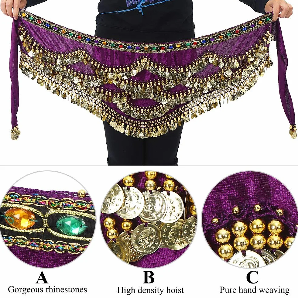 Chusta na Biodra do Tańca Brzucha, Oddychająca Chusta na talię do Tańca Brzucha Spódnica Typu Wrap Pas Biodrowy Bellydance ze sztuczną monetą