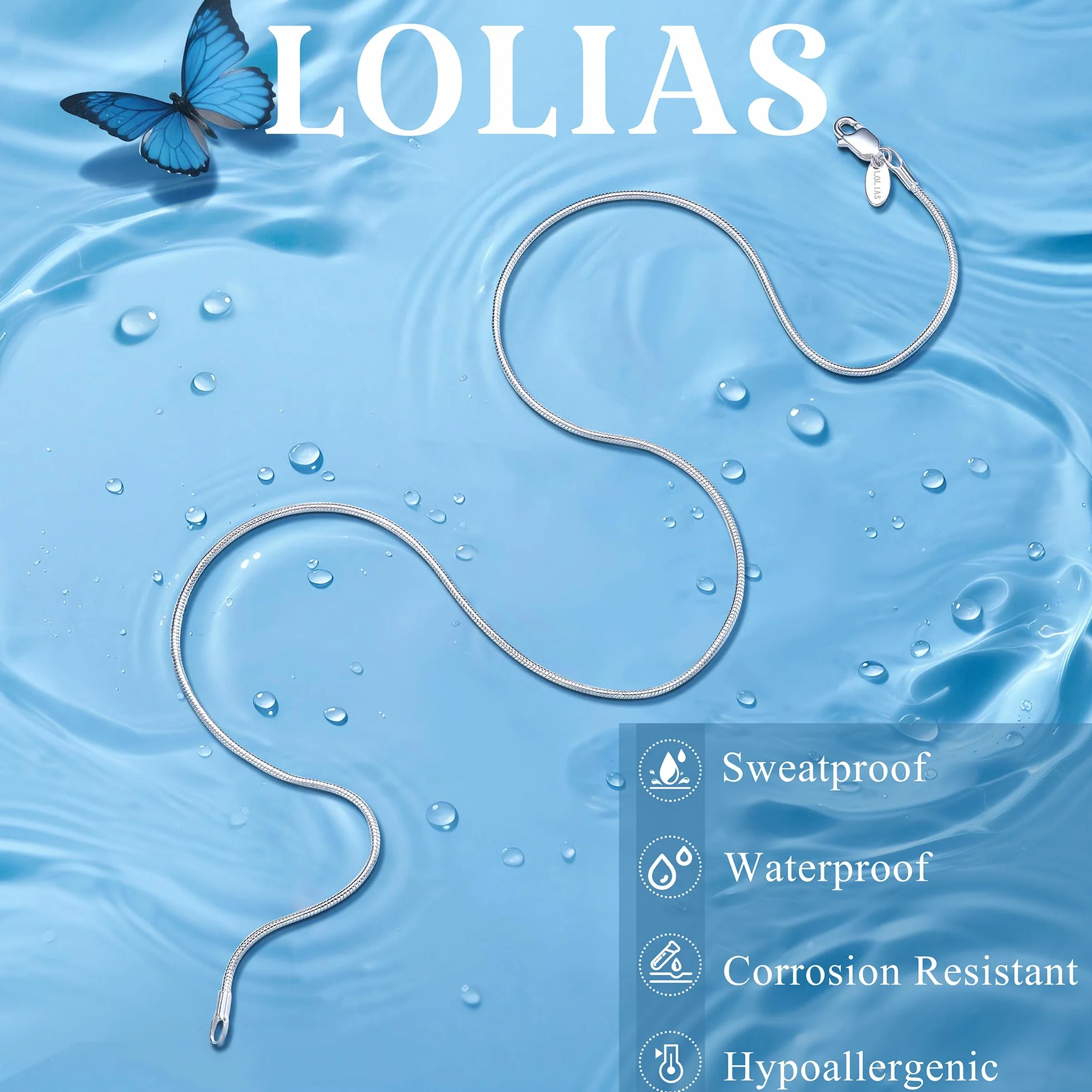LOLIAS Srebrny łańcuszek damski 925 bez wisiorka 925 wężyk naszyjniki 1,5 mm długi łańcuszek ze srebra próby 925, dla kobiet i mężczyzn, błyszcząca biżuteria, prezent 40/45/50/55/60/65 cm