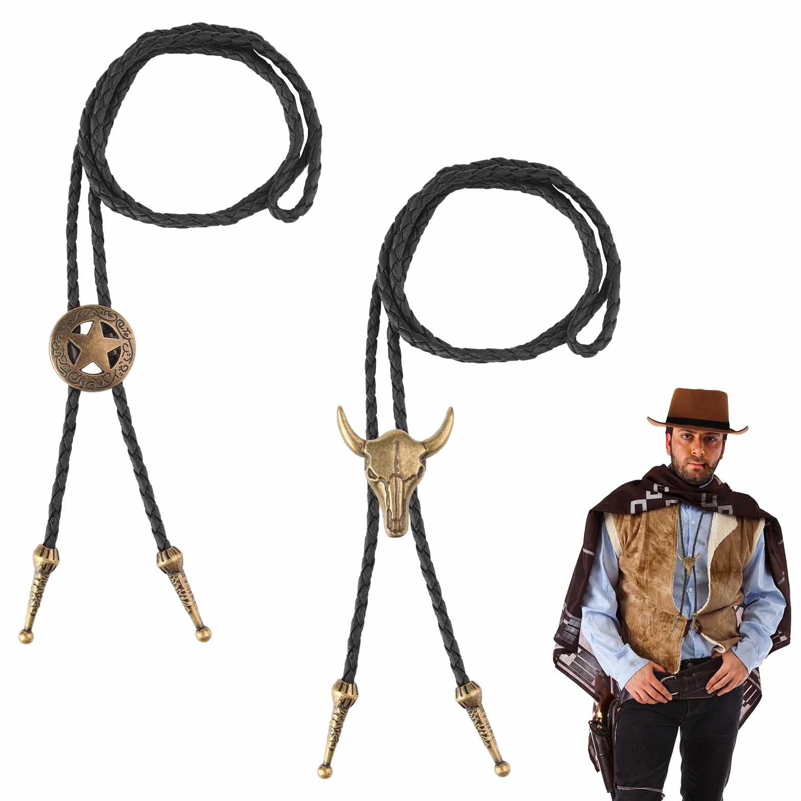 2 sztuki kostiumu Bolo Tie, męski kostium kowbojski, koszula kowbojska, męski strój westernowy, kamizelka kowbojska, regulowany łańcuszek na szyję, skórzany wisiorek rodeo dla kobiet i