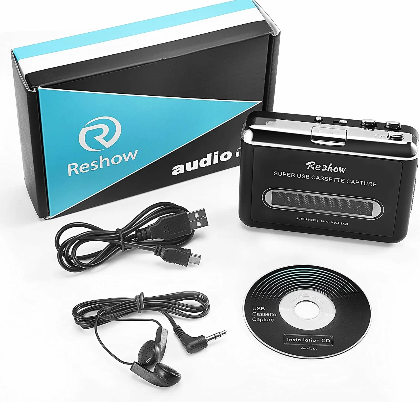 Reshow Przenośny odtwarzacz kasetowy, nagrywanie muzyki MP3 przez USB, konwersja kaset na format MP3 (Czarny)