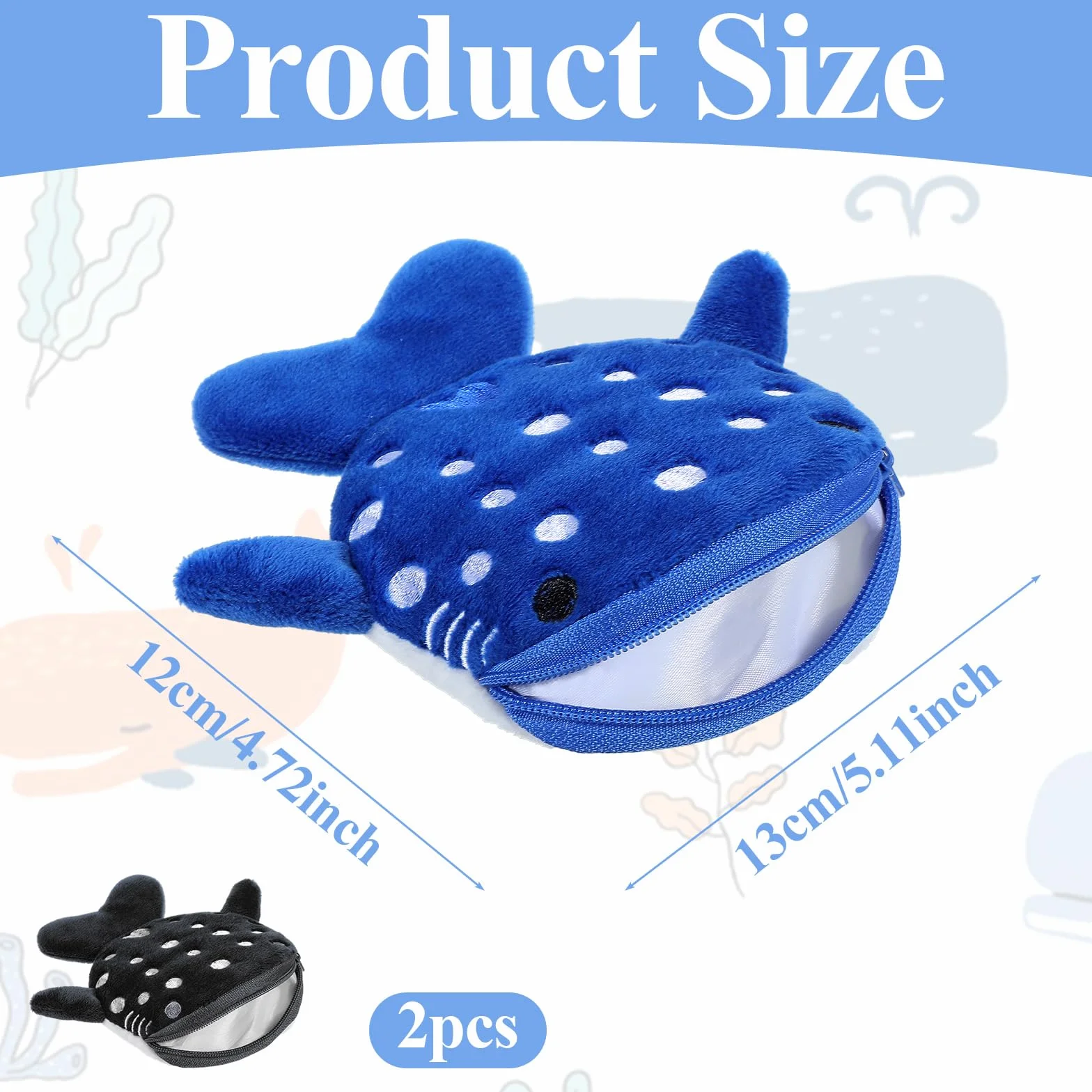 2 sztuki Whale Shark Coin Purse, pluszowa mini portmonetka dla dzieci, słodka mini portmonetka do przechowywania słuchawek, kosmetyków, monet (niebieski i czarny)