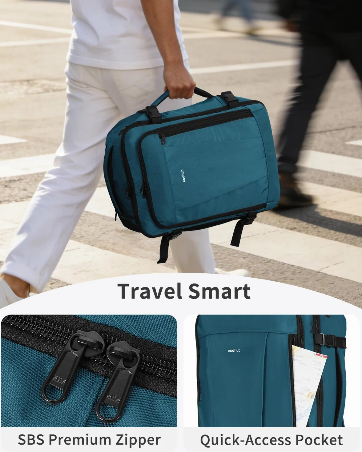 ECOHUB Plecak Podróżny do Ryanair EasyJet, Bagaż Podręczny na Laptopa z 13 kieszeniami, Torba Kabinowa antykradzieżowa rPET, Wodoodporny Plecak do Samolotu 40x30x20 cm 24L (NiebieskoZielony)