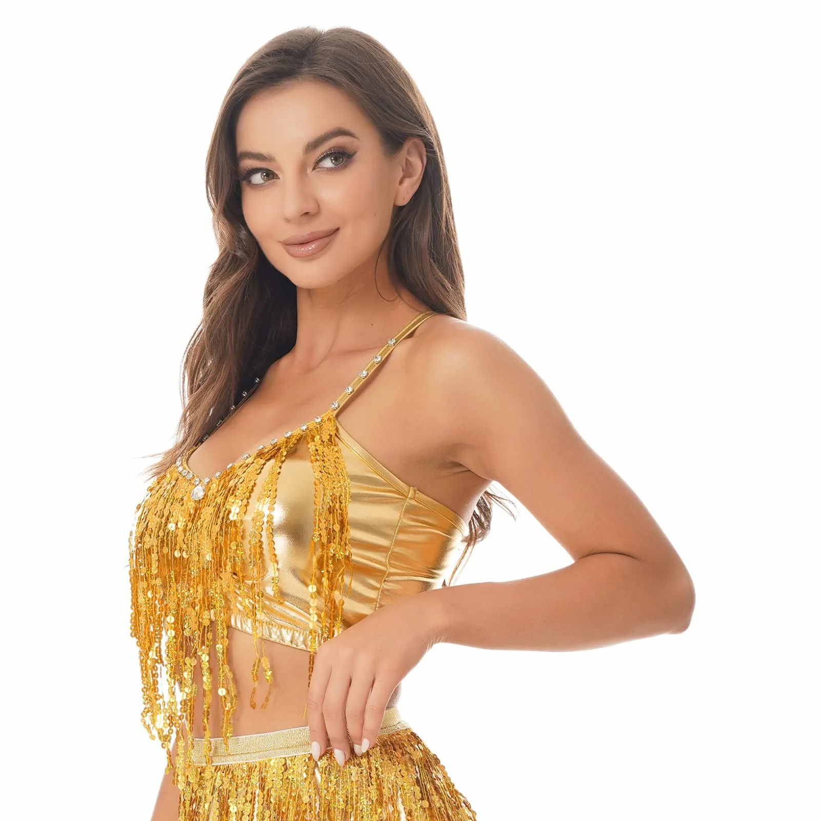 Oyolan Damski top do tańca orientalnego z cekinami z fiszbinami wyściełany top do tańca brzucha kostium Belly Taniec Taniec S-L