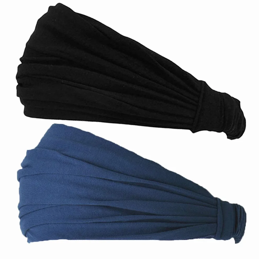 CHARM Opaski na Głowę do Włosy na Czoło dla Mężczyzn i Kobiet - Japonii Lekka Szeroka Damska Męska Opaska Typ Bandana Bieganie Sportowa do Trening Jogi Rozmiar M Czarny & Ciemnoniebieski 2-Pack
