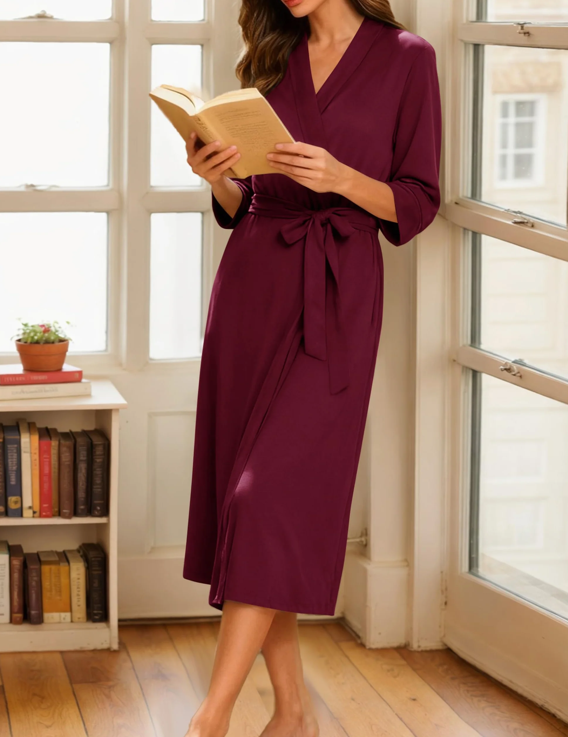 Ekouaer Damski szlafrok poranny z rękawami 3/4, kimono, luźny, miękki, lekki, długi, do wypoczynku, dekolt w serek, dressing, rozmiar S-XXL