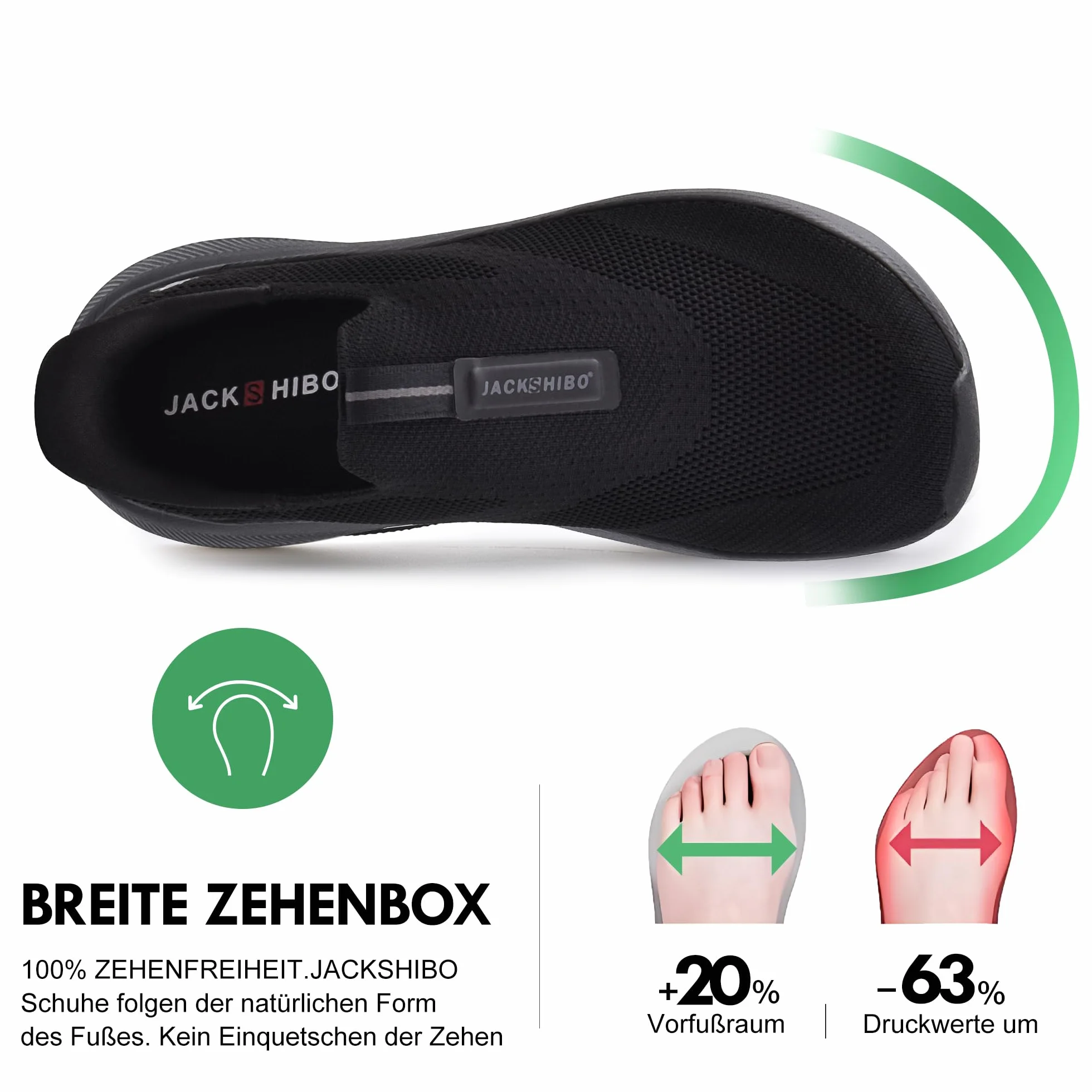 JACKSHIBO Męskie buty wsuwane, wsuwane buty typu sneaker, podparcie łuku stopy, ortopedyczne buty z pianki z pamięcią kształtu, z szerokim obszarem na palcach, podeszwa zerowa, czarny, 43 EU szeroki