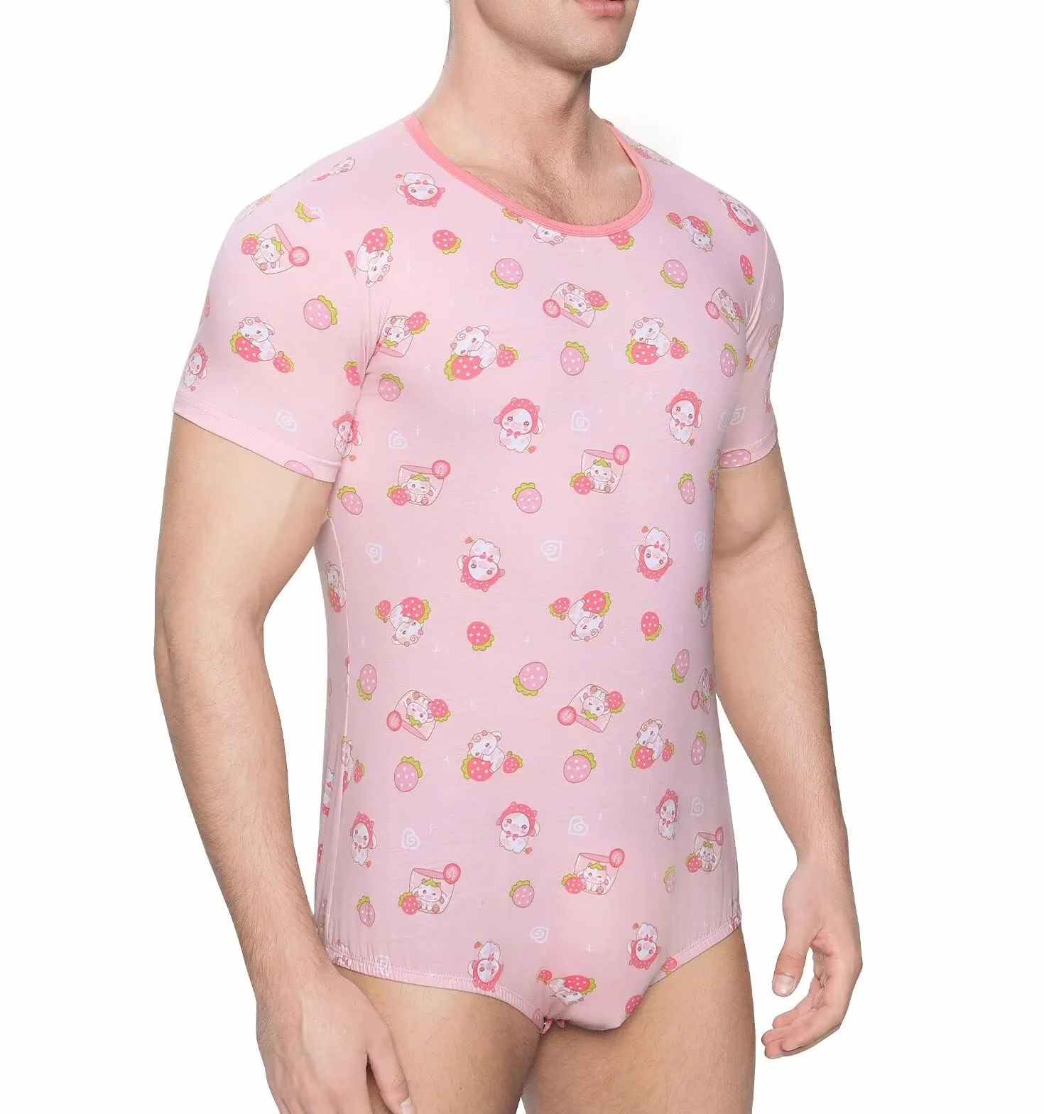 Landofgenie Body męskie z krótkim Rękawem Jednoczęściowy T-shirt z nadrukiem Piżama Trykot Oddychająca Bawełniana Koszulka na Ramiączkach Strawberry Cow