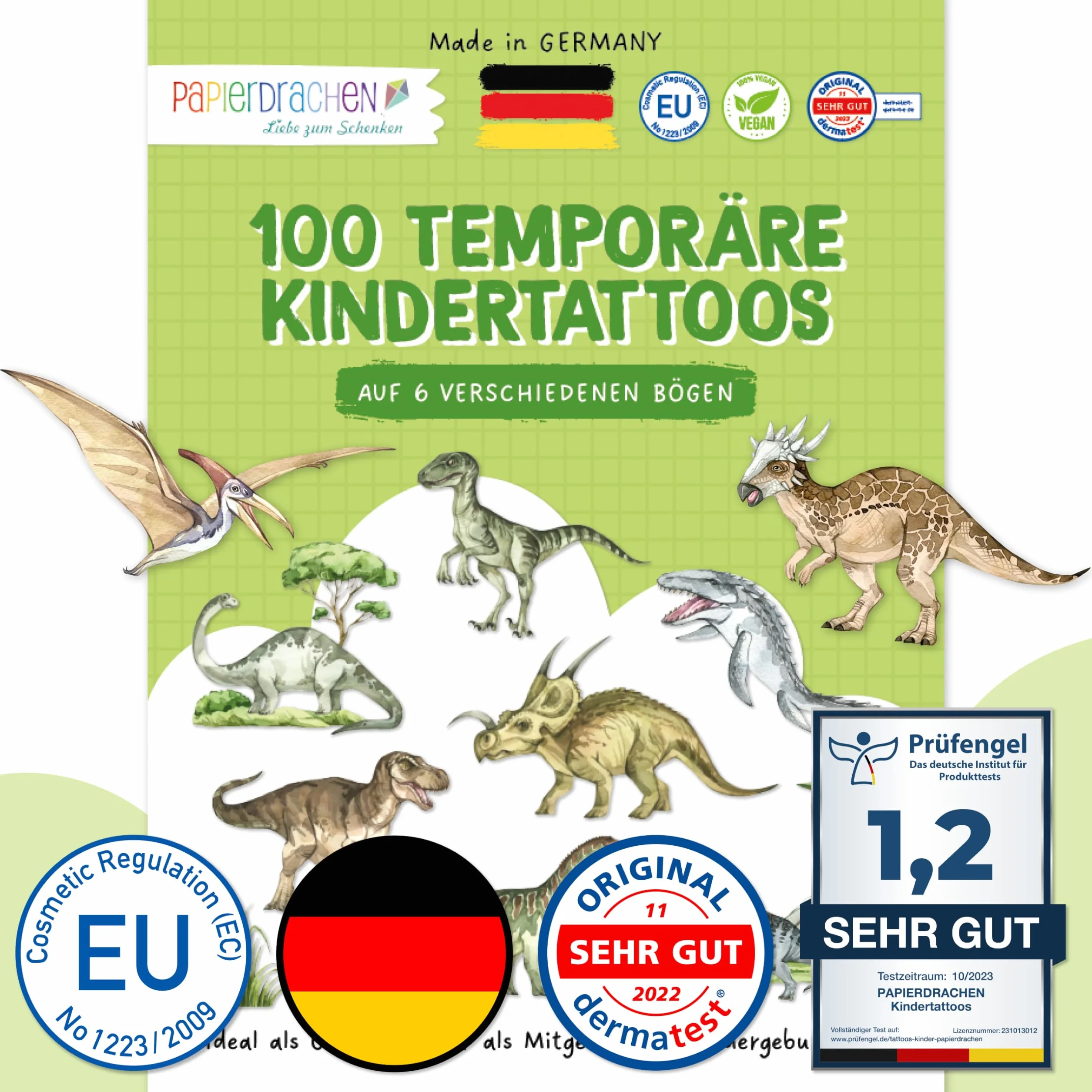 Papierdrachen 100 wyjątkowo przyjaznych dla skóry tatuaży dziecięcych - tatuaże świat dinozaurów - dla dzieci - dla chłopców i dziewczynek - sprawdzone i wyprodukowane w Niemczech - zestaw 27