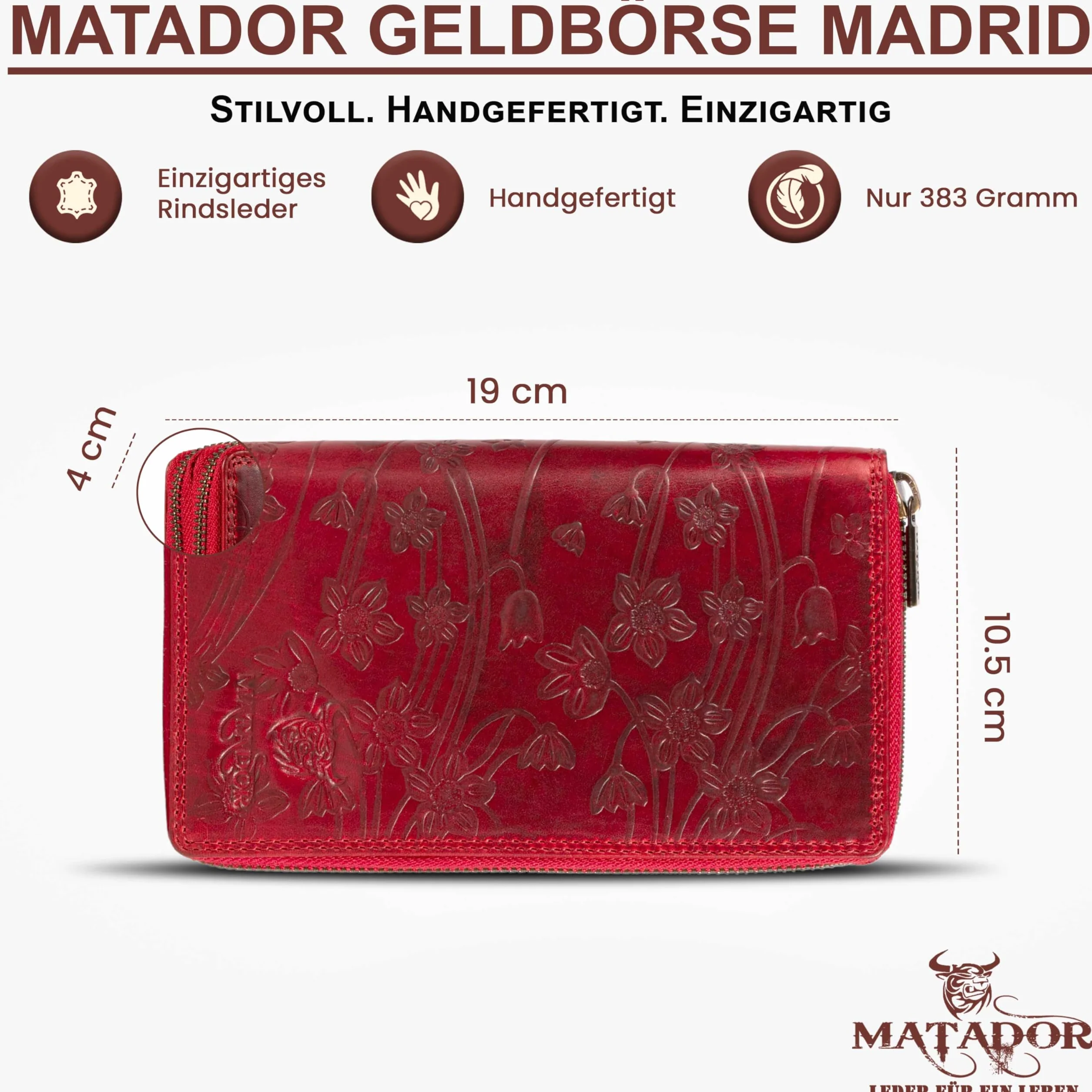MATADOR Portfel Damski Skórzany MADRID z Eleganckim Pudełkiem Prezentowym, Luksusowy Czerwony Portfel Damski z Ochroną RFID, Duży Portfel Damski z Wieloma Przegródkami na Karty