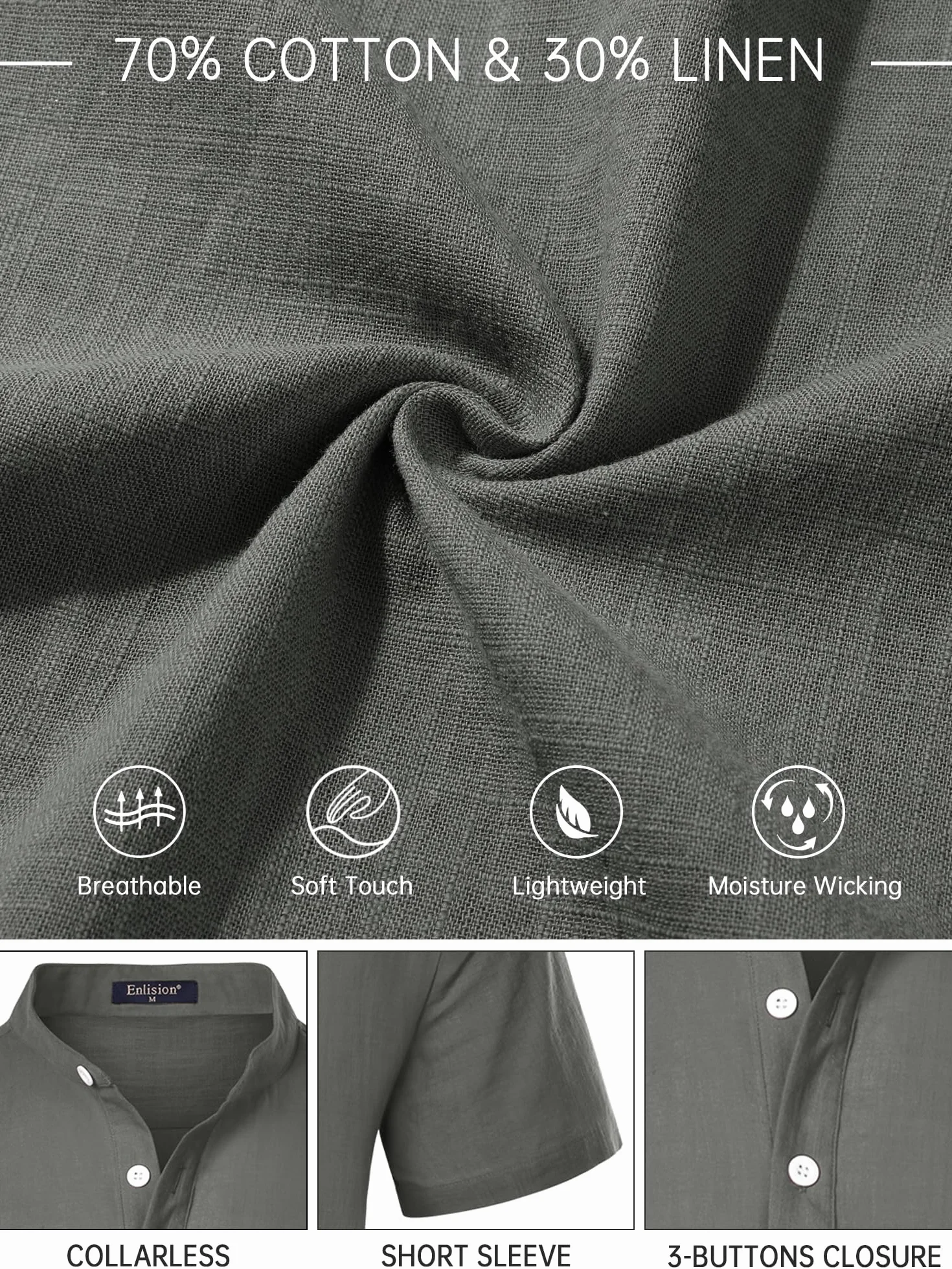 Lniana koszula męska z krótkim rękawem na lato, koszula casual ze stójką (kołnierzem Mao) w stylu ibicenskim, zapinana na guziki, jednokolorowa odzież S-4XL