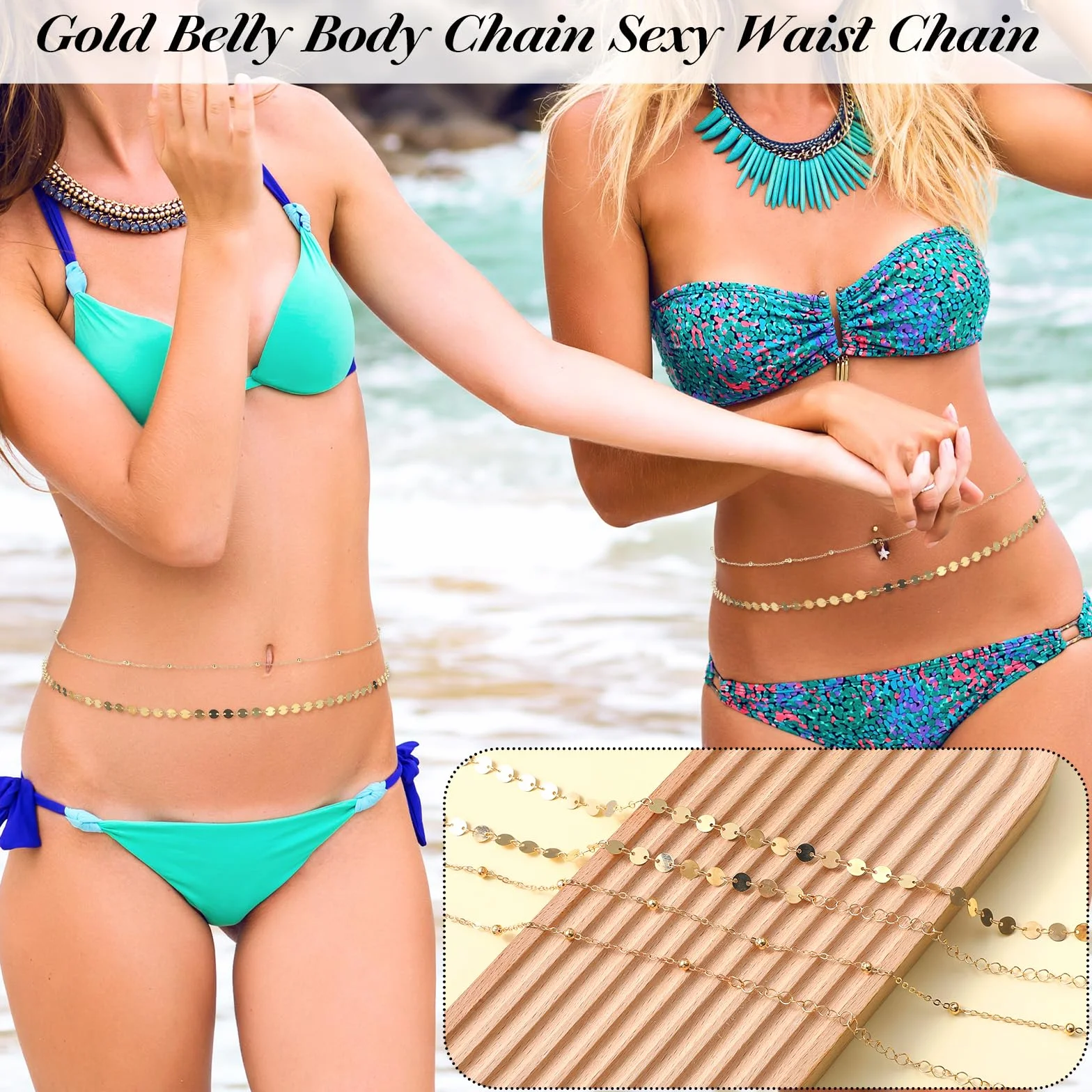 COMNICO Złoty łańcuszek na talię, 2 szt., warstwowy łańcuszek na brzuch, regulowany metalowy łańcuszek na ciało, wodoodporny, bikini, talia, koraliki, naszyjnik, delikatne koraliki satelitarne,