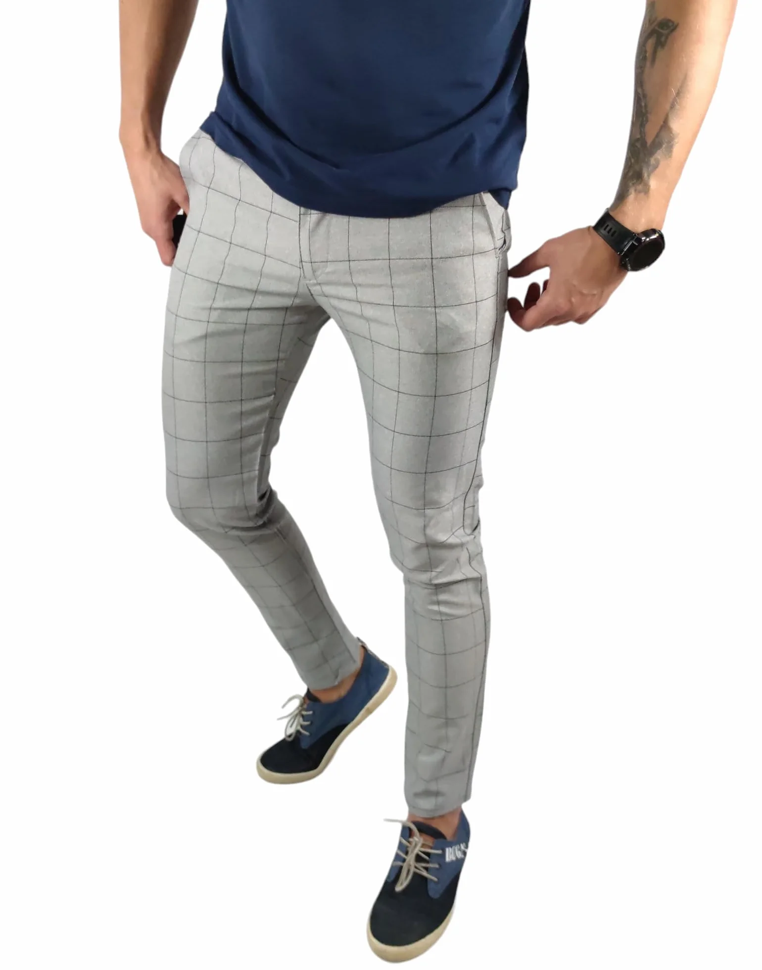 Eleganckie Spodnie Wizytowe Męskie | Dopasowany Krój | Szare w Kratę | Styl Biznesowy i Casualowy | Wysoka Jakość Materiału DJ02