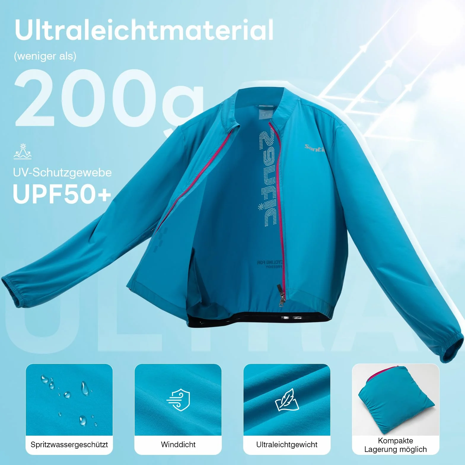Santic Damska kurtka rowerowa, oddychająca, lekka, chroniąca przed promieniowaniem UV, odblaskowa kurtka do biegania