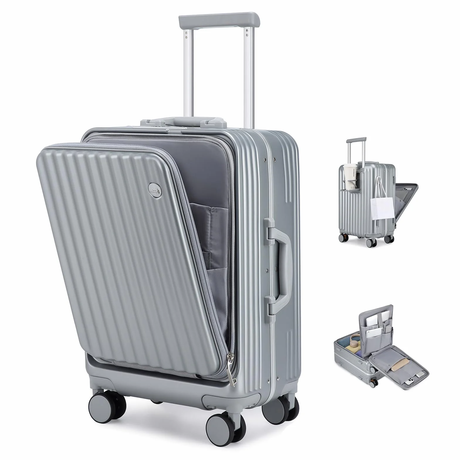 Sea choice Bagaż otwierana z przodu 20-calowa walizka PC z twardą skorupą Bagaż podręczny z zamkiem i blokadą TSA 4 kółka Porty USB do ładowania i uchwyt na kubek