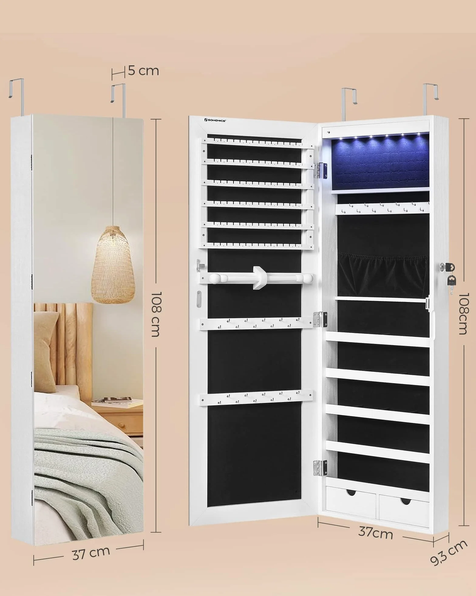SONGMICS Szafka na biżuterię z długim lustrem, do przechowywania biżuterii z 6 lampami LED, do zawieszenia na drzwiach lub na ścianie, duża pojemność, 2 szuflady, biała JJC99WT