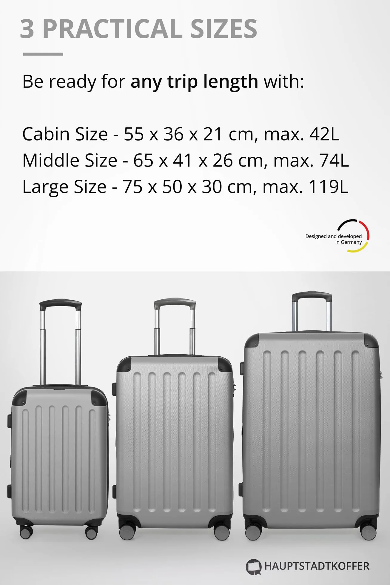 Hauptstadtkoffer Spree - średnia walizka twarda, TSA, 4 kółka, walizka, trolley, walizka na kółkach, walizka podróżna, poszerzana, 65 cm, 74 l, srebrny