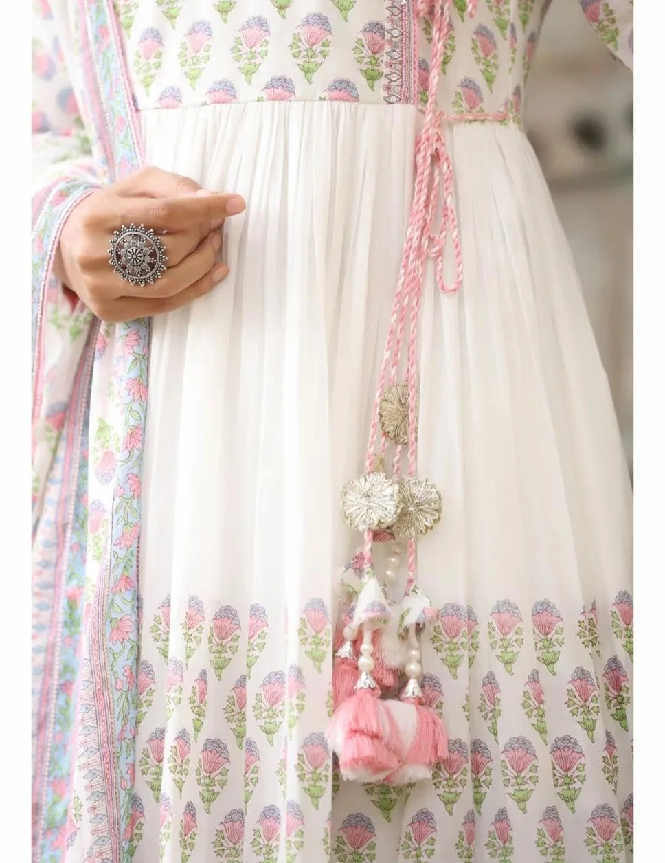 RangMahal indyjskie damskie spodnie z czystej bawełny haftowane Anarkali Kurta Tussle Dupatta zestaw