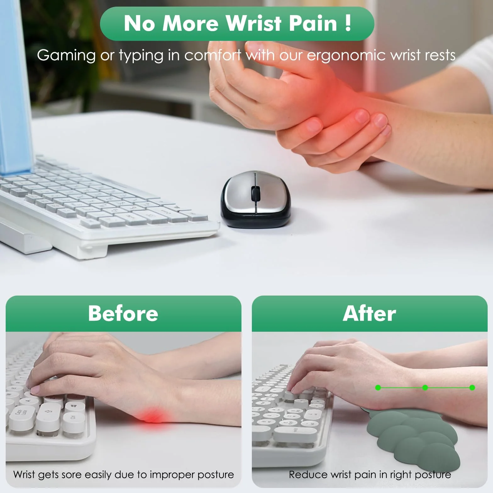 MoKo Cloud Wrist Rest, Ergonomic Cloud Keyboard Wrist Support with Mouse Pad, Durable Polyester Arm Rest Pad for Keyboard and Mouse for Office, Gaming, Computer, Laptop, Green
