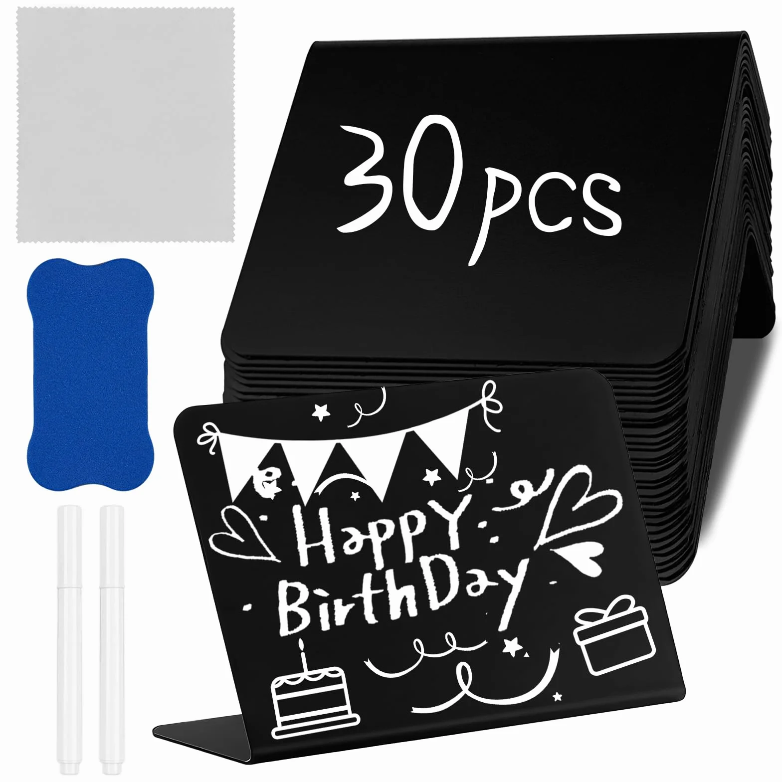 30 mini tablic kredowych, 100 x 75 mm, wyświetlacz z numerami stołowymi, czarne tablice z gąbką, ściereczki do polerowania, 2 długopisy, etykiety do jedzenia, na imprezy, wesela, bufety, 30 szt