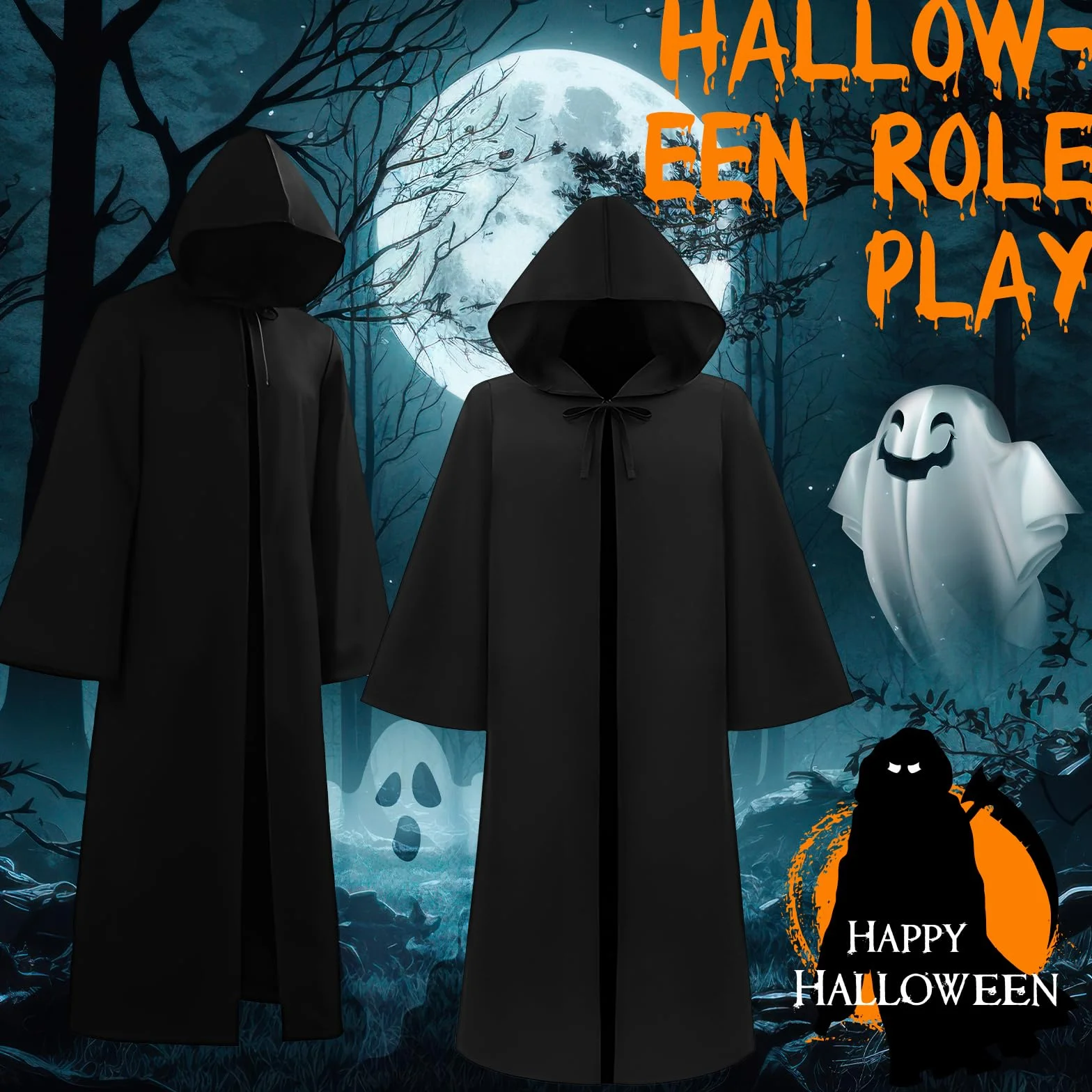 Kostium męski na Halloween – czarna peleryna z kapturem, długa peleryna z horroru dla dorosłych 175-185 cm, idealna jako kostium ghostface, kostium ponury lub peleryna wampira
