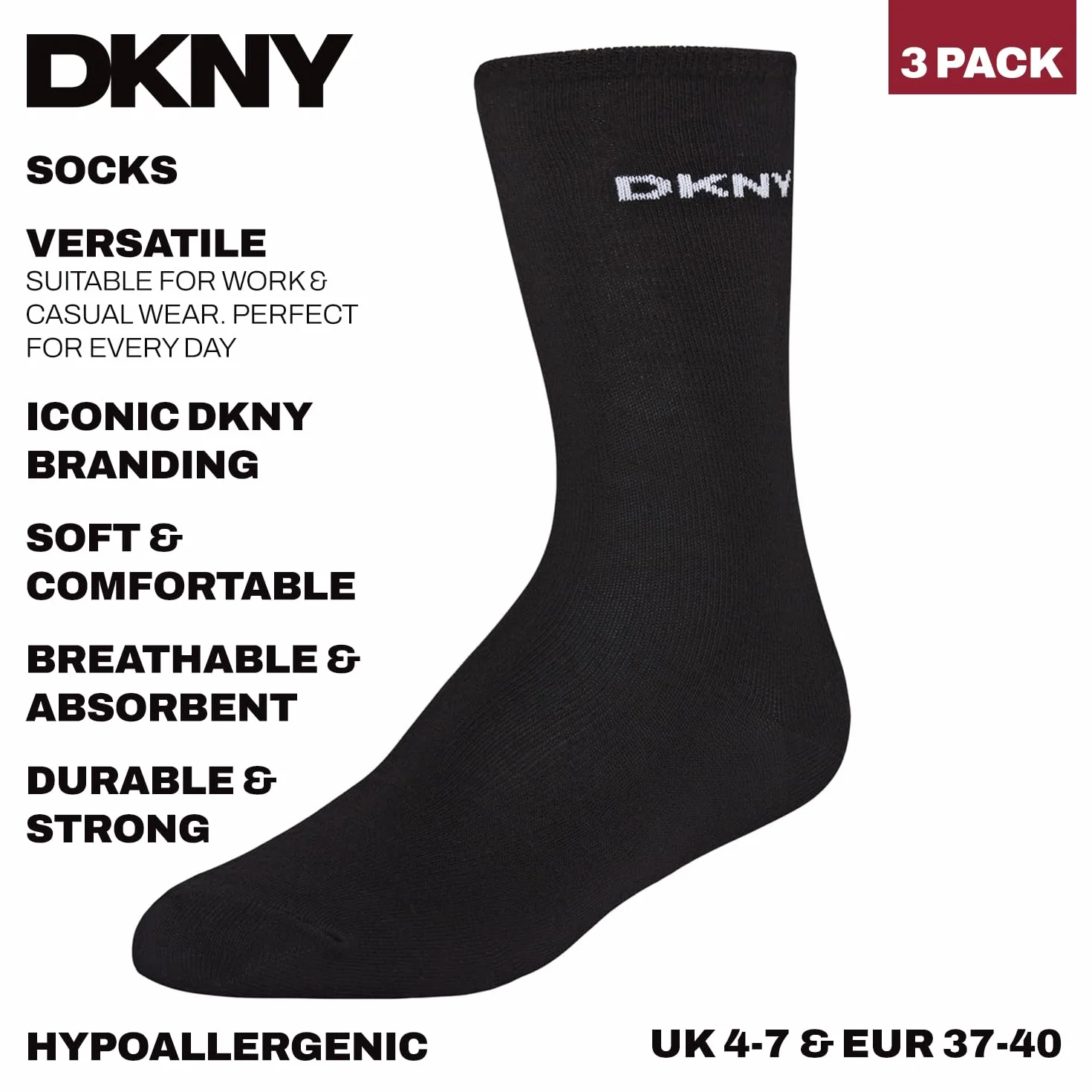 DKNY Damskie, 100% bawełniane długie skarpety Smart Designer, 3 pary, białe, jeden rozmiar