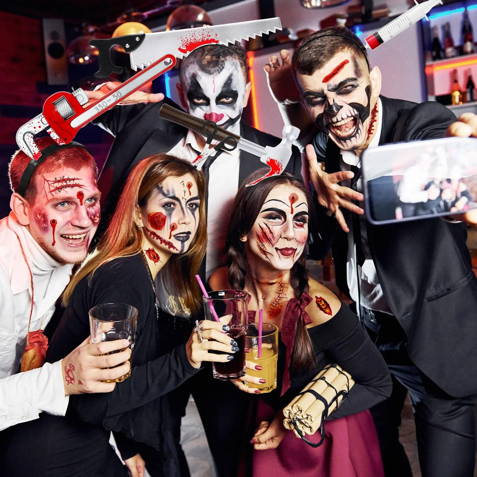 6 sztuk noży w głowie, akcesoria na Halloween, 30 naklejek z tatuażami blizn, opaska na włosy na Halloween, siekiera na Halloween, akcesoria na imprezę karnawałową