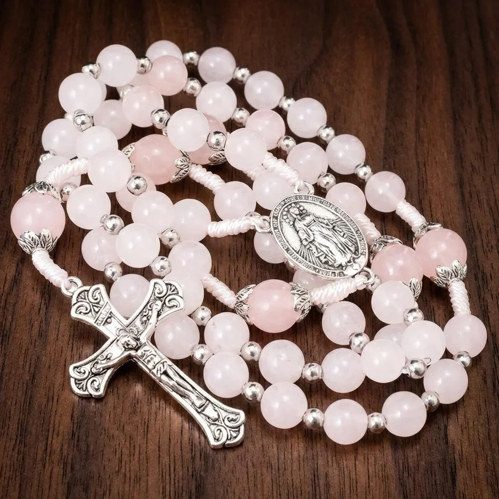 Nazareth Store 8 mm biały jadeit i 10 mm różowy kwarc koraliki różaniec naszyjnik św. cudowny medal i krzyż krucyfiks katolickie koraliki modlitewne, 21", Kamień szlachetny, Bez kamieni szlachetnych