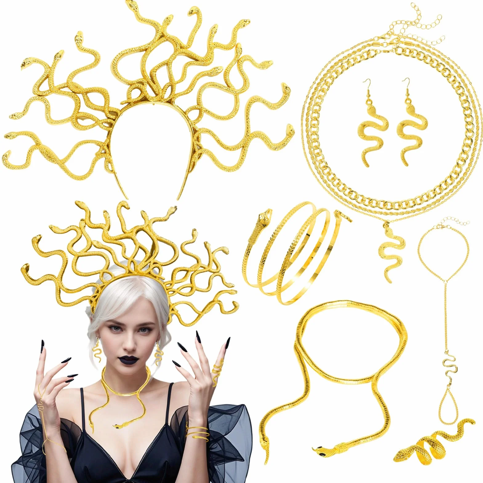 Meduza, opaska na głowę, kostium, meduza, złota opaska na głowę, naszyjnik, choker, łańcuszek na głowę, na karnawał, imprezę, kostium, akcesoria dla kobiet