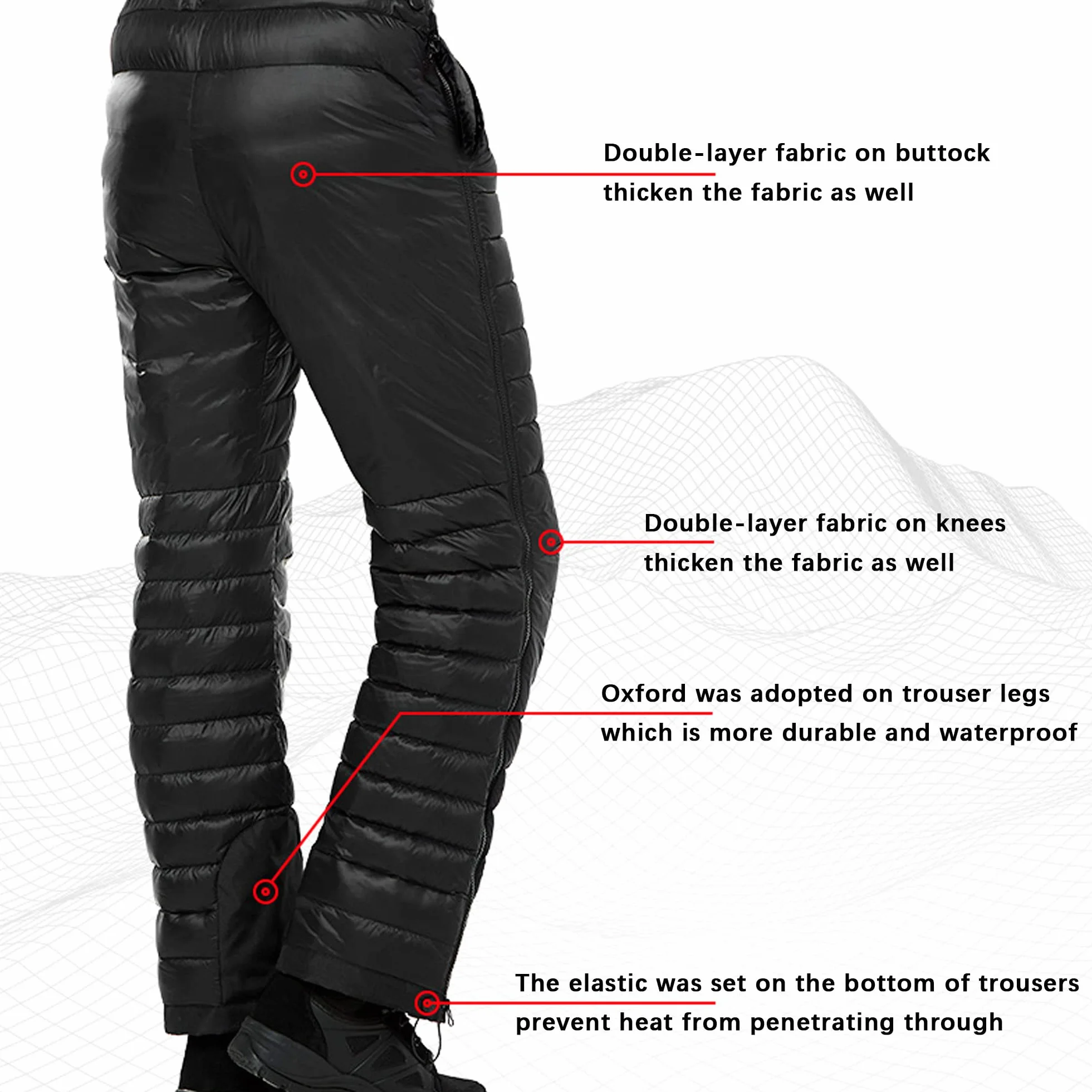 Tofern Unisex zimowe gęsi puchowe spodnie ultra ciepłe termoizolacyjne wodoodporne spodnie narciarskie lekki zamek błyskawiczny YKK zamek boczny praktyczny nylon 20D 400T odporny na zewnątrz piesze