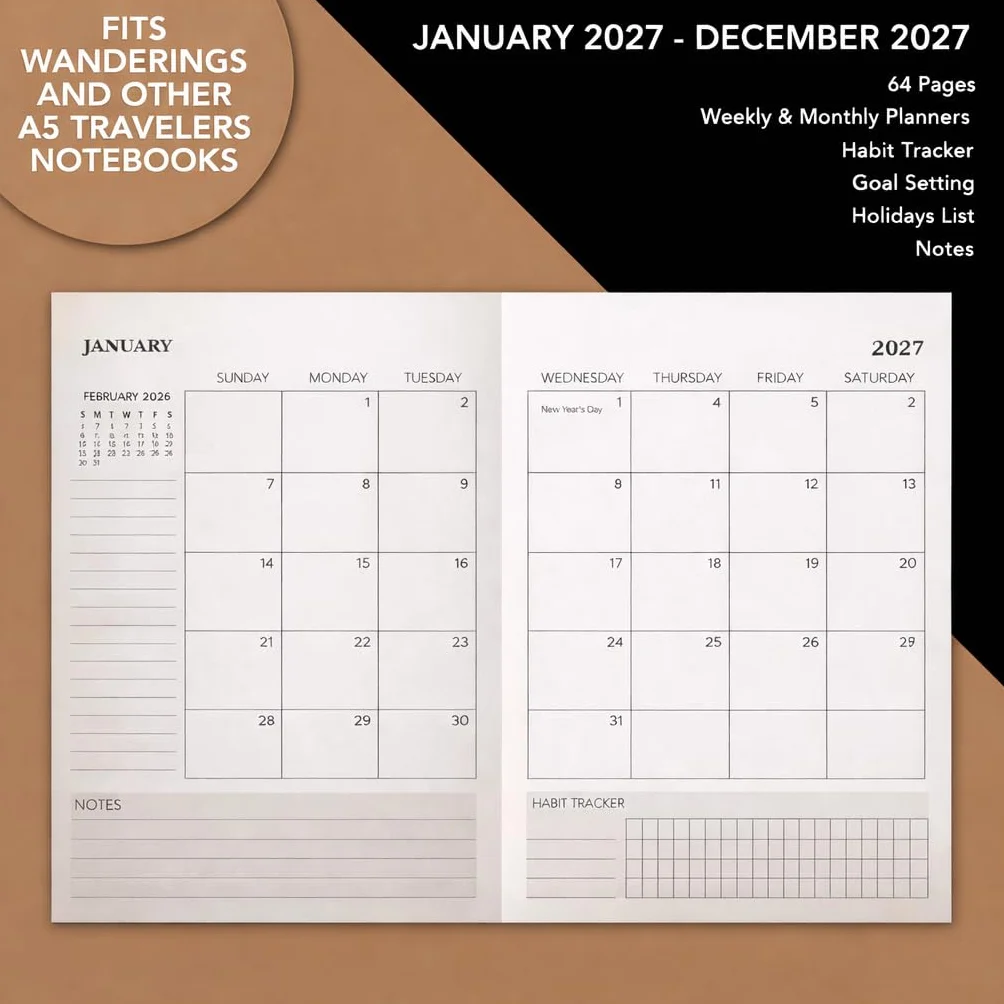 Wanderings Wkłady Uzupełniające do Kalendarza A5 Traveler's Notebook, 5,8 x 8,4 (14,2 x 21 cm), Stycznia 2027 -Grudnia 2027, Wkłady do Planera Skórzanych Dzienników Podróżnych, Pamiętników I Plannerów