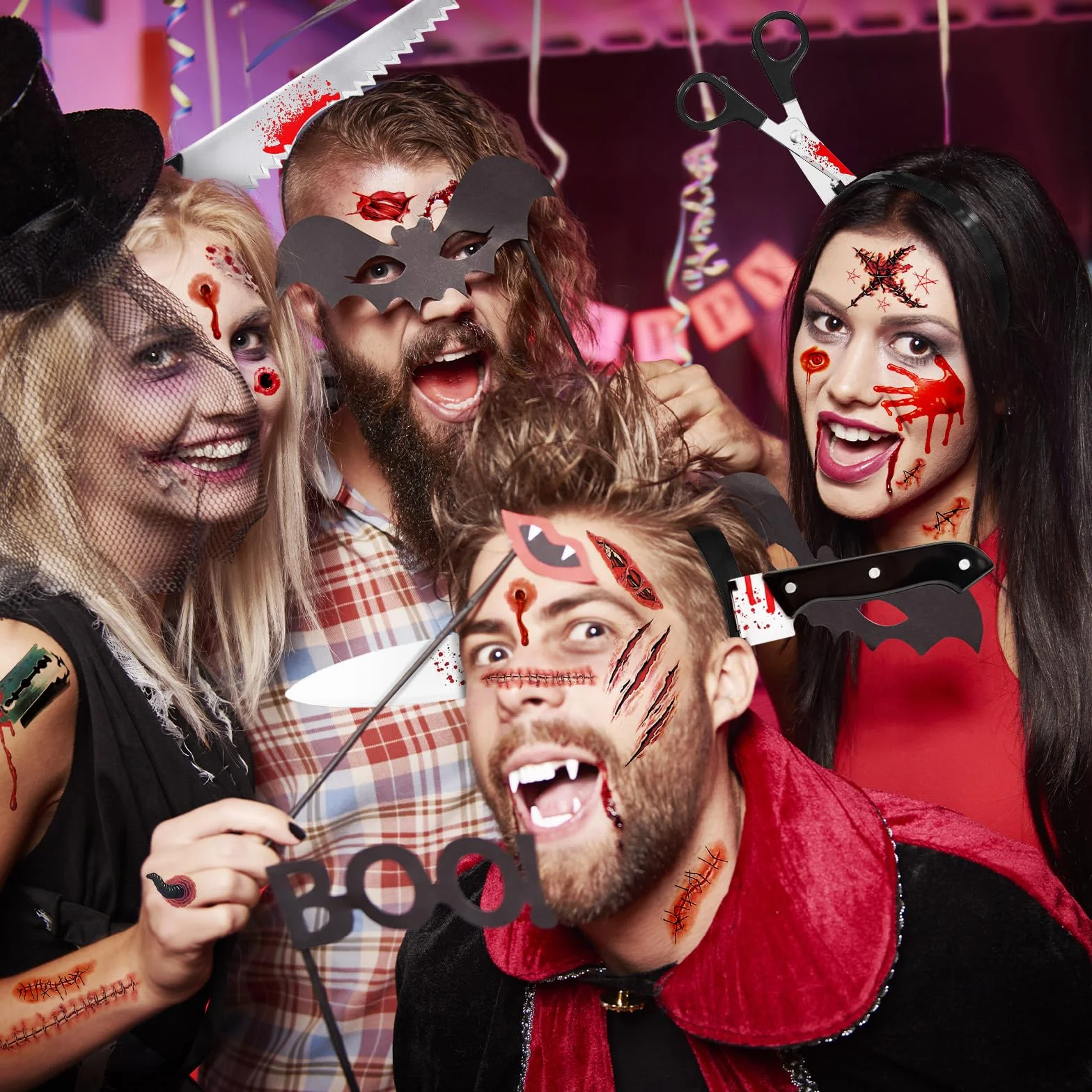6 sztuk noży w głowie, akcesoria na Halloween, 30 naklejek z tatuażami blizn, opaska na włosy na Halloween, siekiera na Halloween, akcesoria na imprezę karnawałową