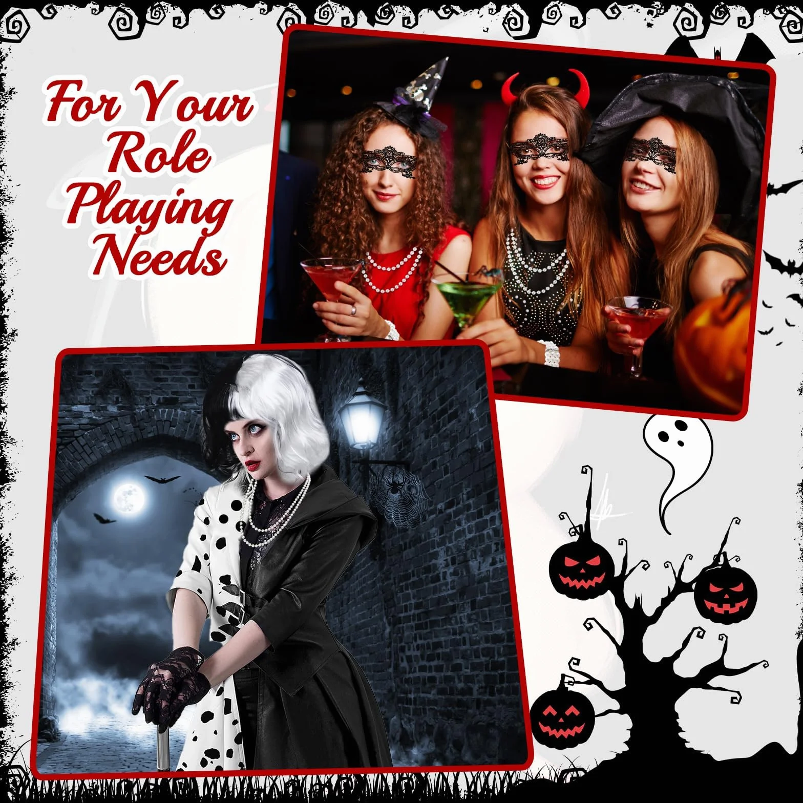 9 sztuk kostiumu Cruella dla kobiet, Halloween, Cruella, Devil, zestaw akcesoriów z sukienką, krótką, czarno-białą peruką, koronkową maską, rękawiczkami, naszyjnikiem, pończochami siatkowymi